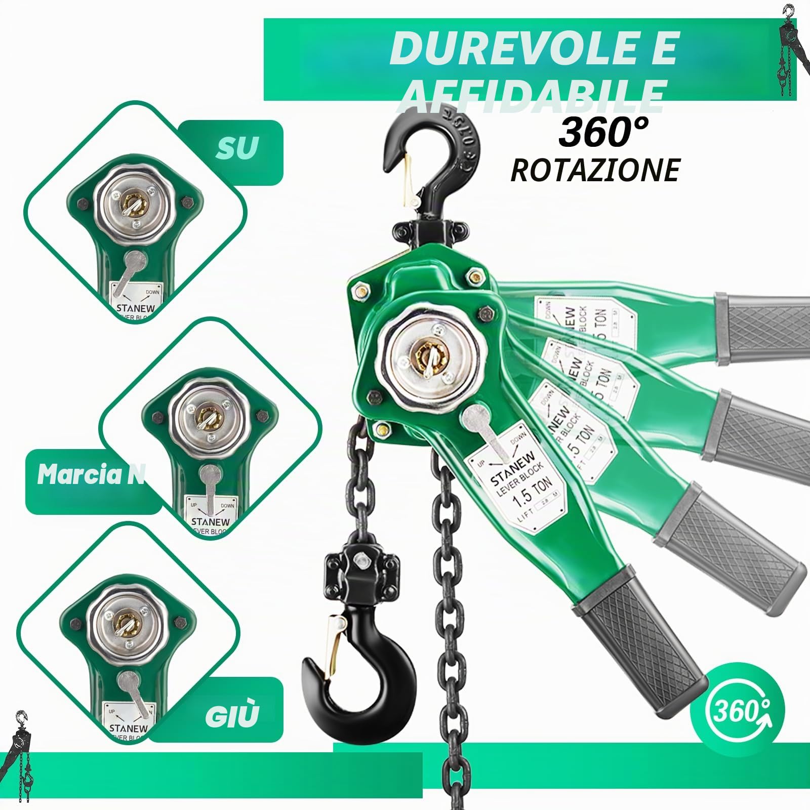 STANEW Paranco a Catena, Paranco a Leva Manuale Altezza di Sollevamento 2.8m, Capacità Max. da 1.5t, Catena in acciaio al carbonio G80, gancio girevole a 360°