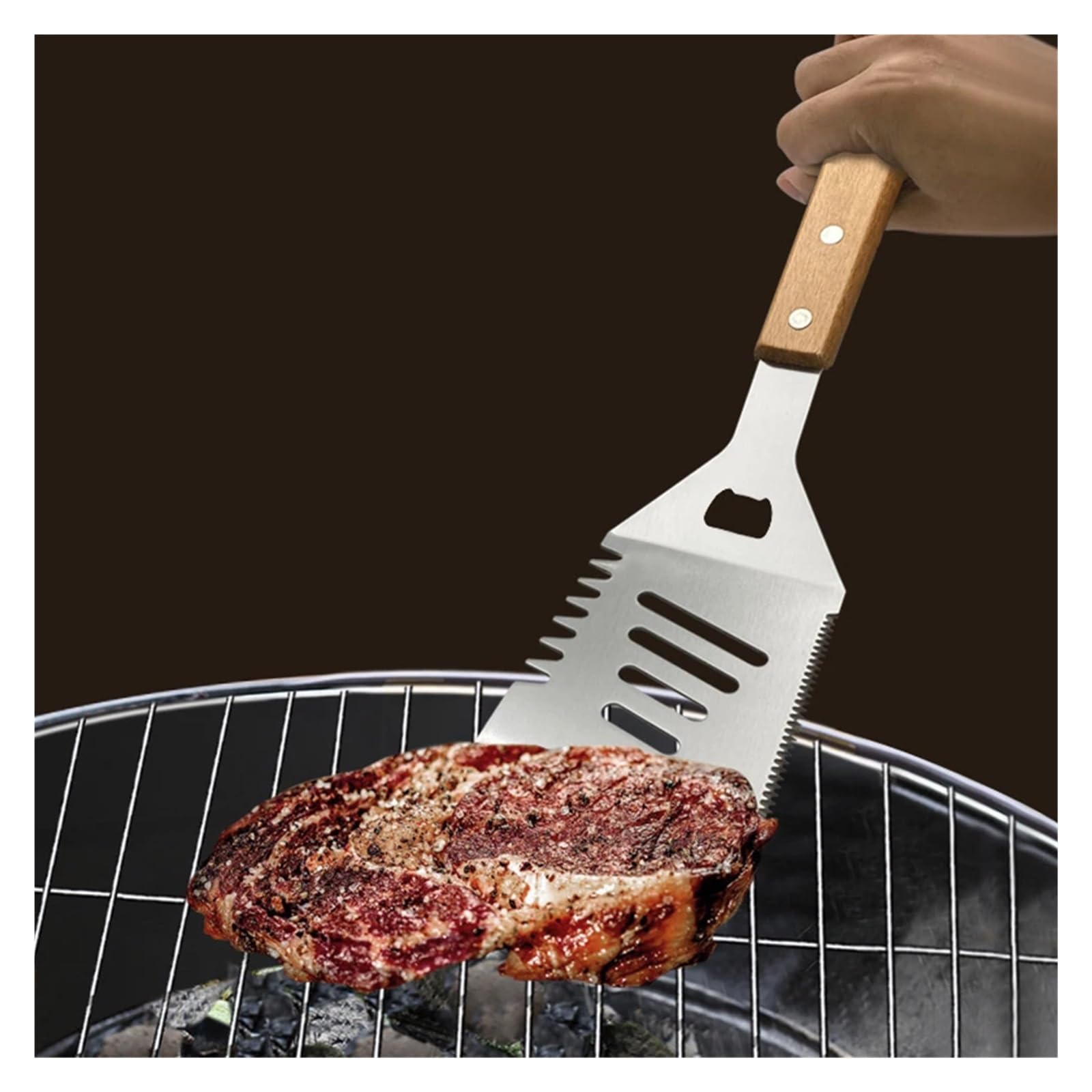 Generisch Outdoor-Camping-Grillbesteck-Set: Holzgabel, Schaufel, Clip, Grillzubehör, Stofftasche, Edelstahlgrill(16 in 1)