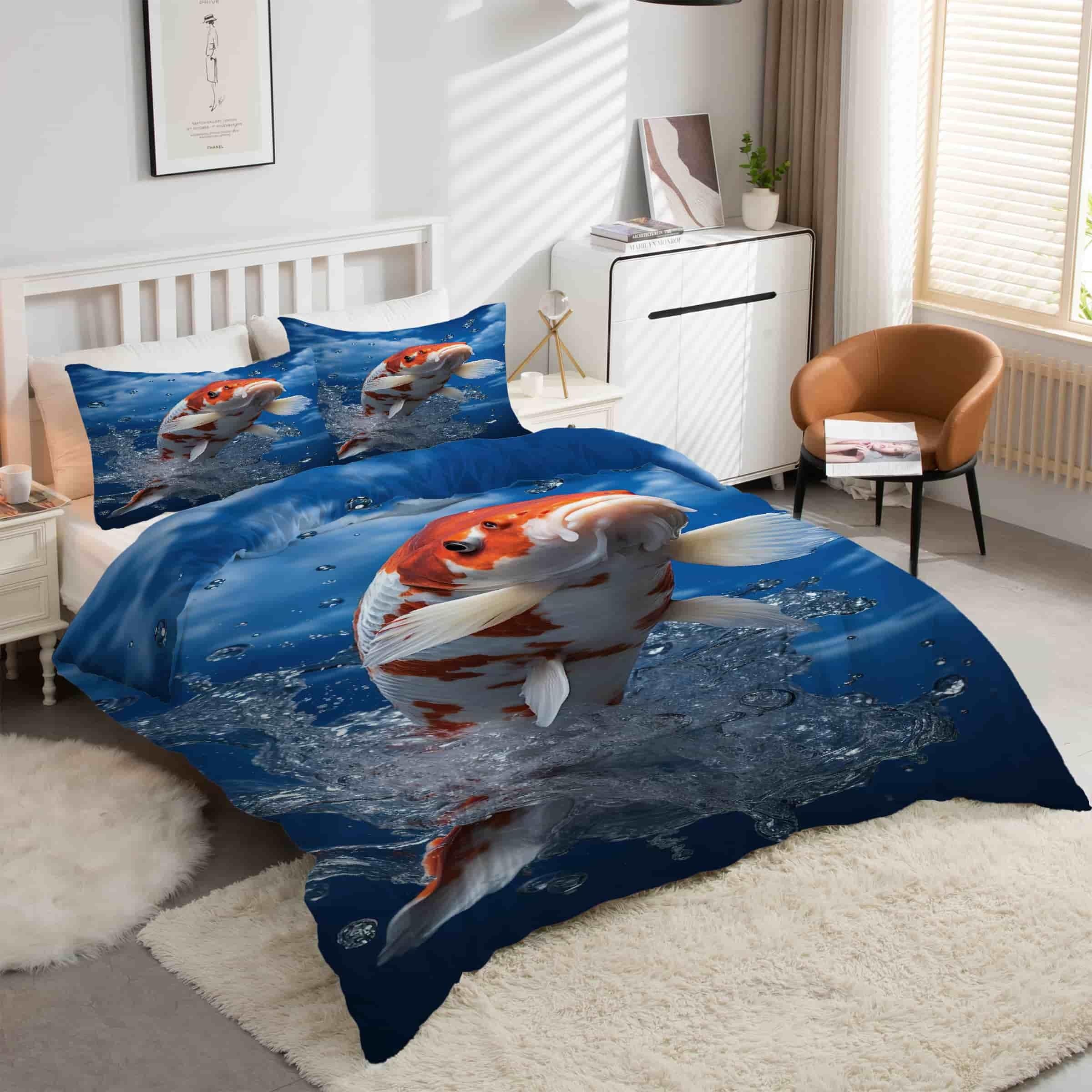 Housse de Couette 200x200 Carpe Koï avec Parure de Lit 3 Pièces et Taies d'oreiller