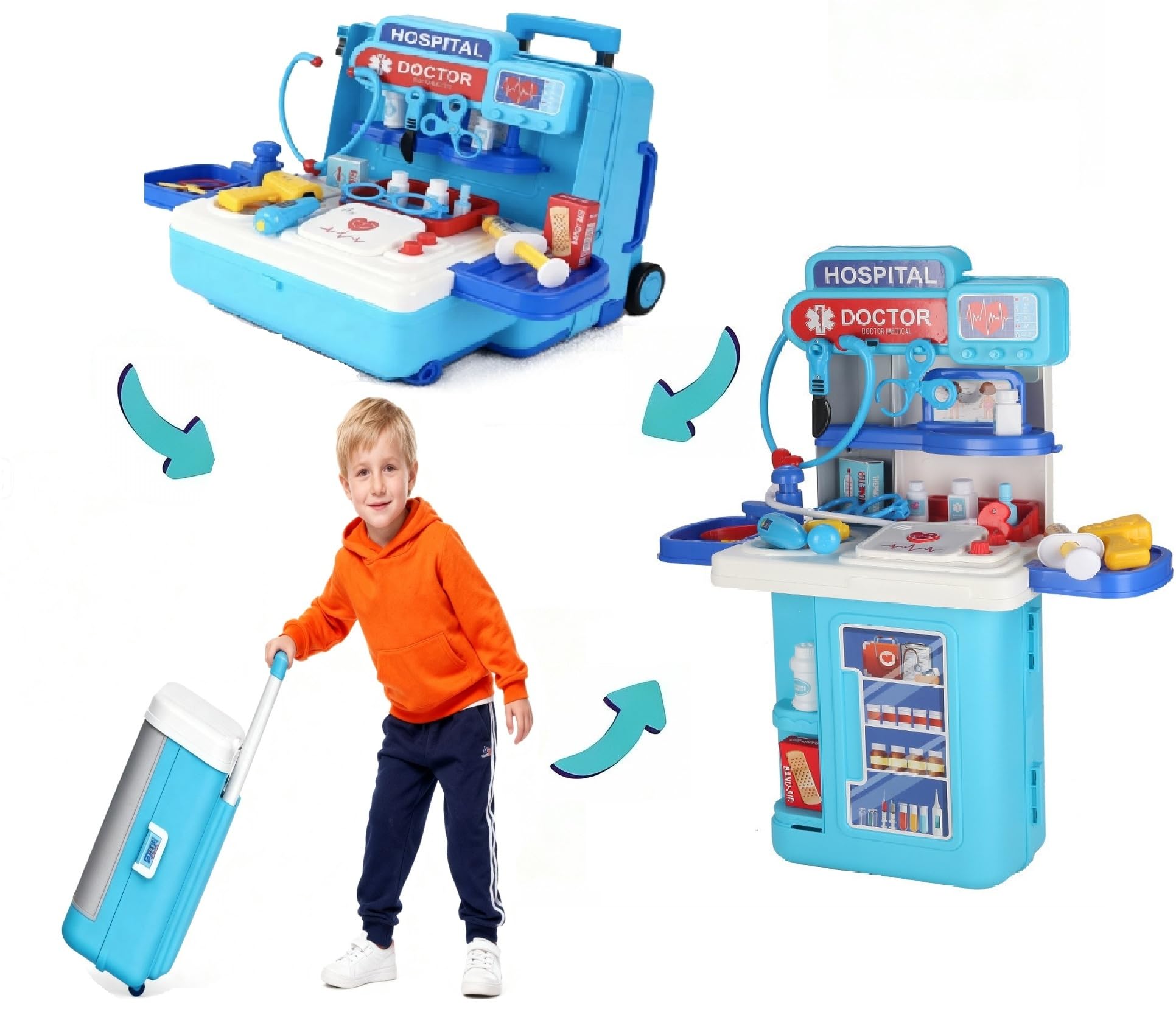 Serena & Jewel - Kit medico per stazione medica di simulazione per bambini, set 2 in 1, kit medico con tavolo e carrello