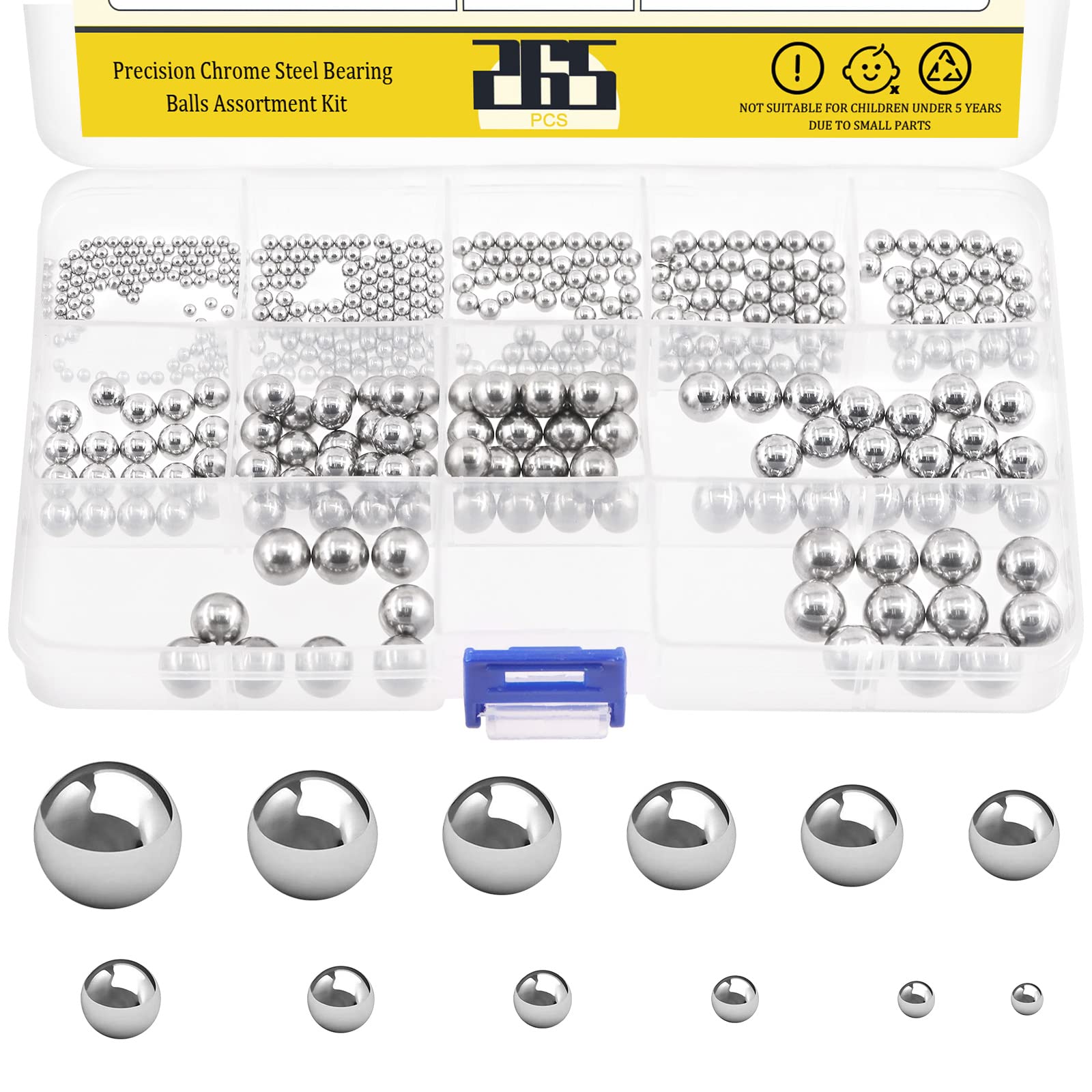 265 Pcs 12 Sizes Precision Bearing Steel Ball Assortment Kit with Storage Box 1/2'' 3/32’’ 1/8" 5/32" 3/16" 7/32" 1/4" 9/32" 5/16" 11/32" 3/8" 13/32"