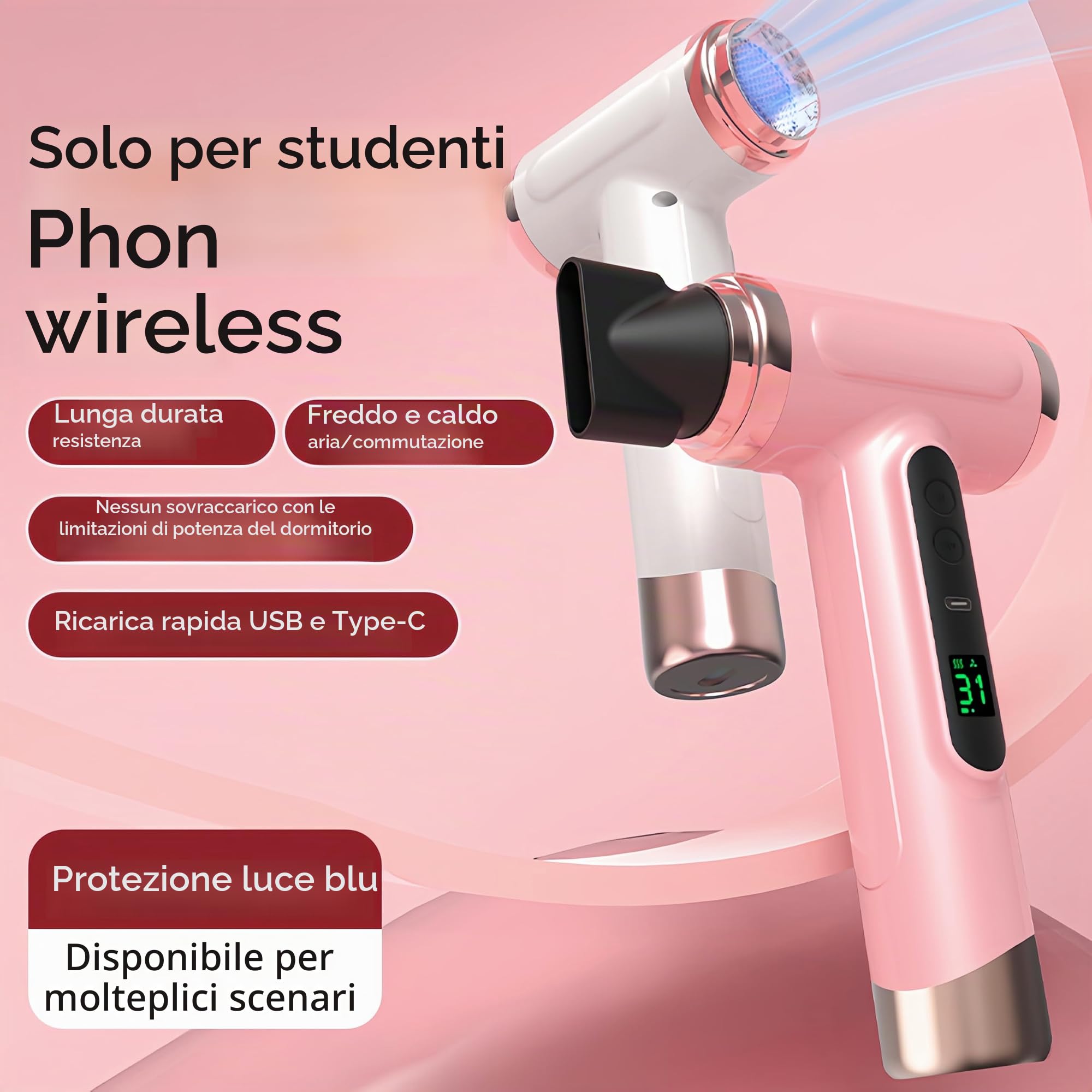 Pro Asciugacapelli da Viaggio Ricaricabile - 3 Velocità e 3 Temperature Asciugacapelli Cordless, 15000mAh Asciugacapelli Portatile con Schermo Digitale per Donne in Campeggio,