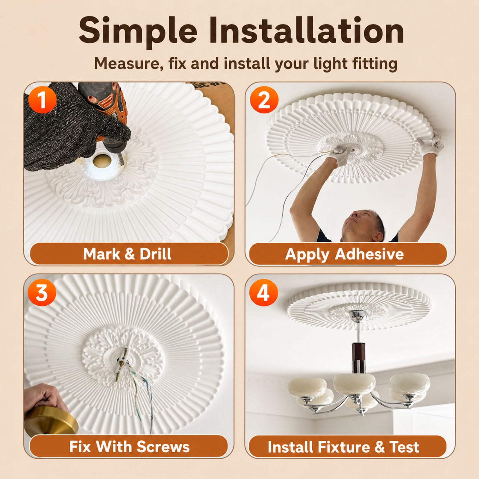 Rosone Decorativo per Soffitto,Piastra Rotonda per Ventilatore A Soffitto,Soffitto Circolare in Poliuretano,Rosone Lampadario Soffitto,Leggero e Facile da Applicare,Casa Soggiorno Hotel