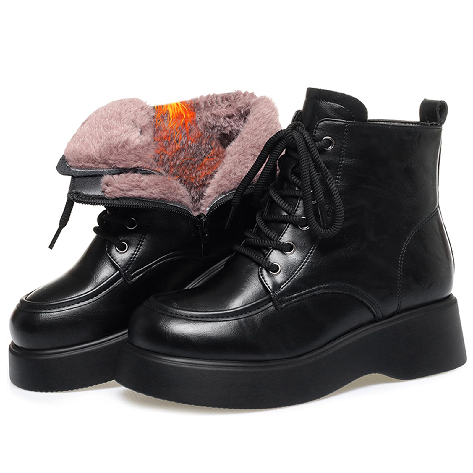 Womens Leather Platform Lace-up Warm Winter Shoes Comfortable Fur Lined Side Zipper Water Resistant Ankle Boots Non-Slip Outdoor