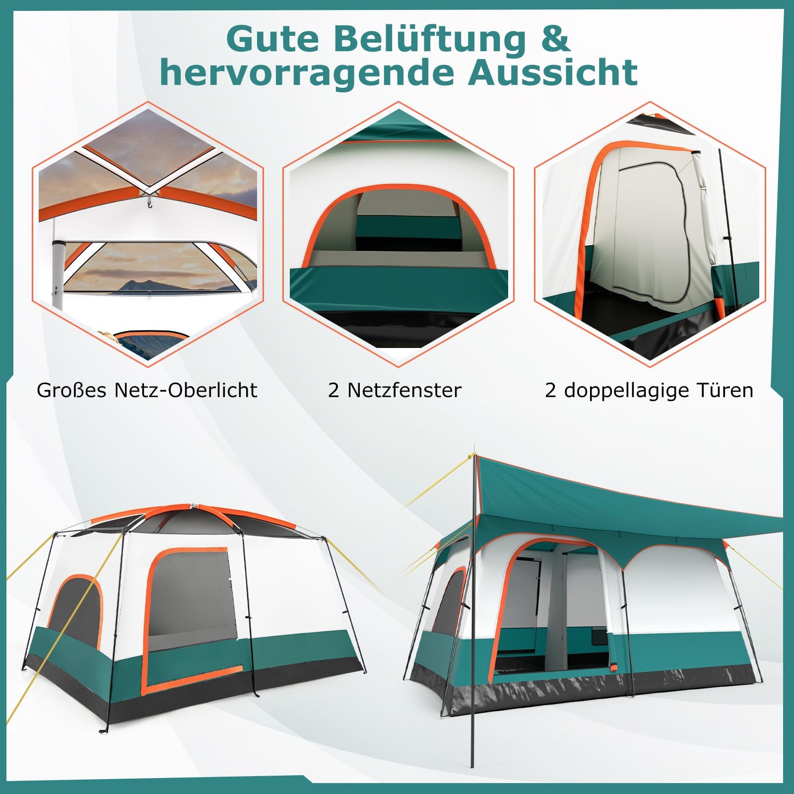 GYMAX Tunnelzelt 4-10 Personen, Wasserdicht 3000mm, Stehhöhe 1,8-2m, Camping Zelt mit 2 Eingänge, Vordach & abnehmbares Doppeldach, große Familienzelt für Camping, Reise & Trekking