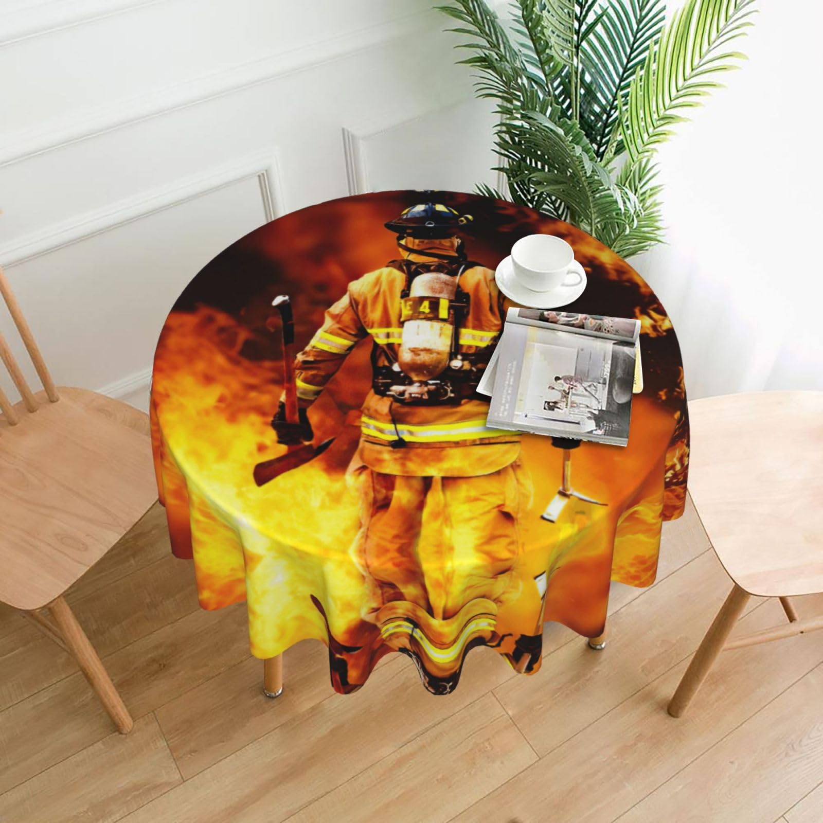 Zcmkjlg Firefighter Fireman Flame Print Quick Ship Round Tablecloth 60in Polyester Washable Cover for Dining Room