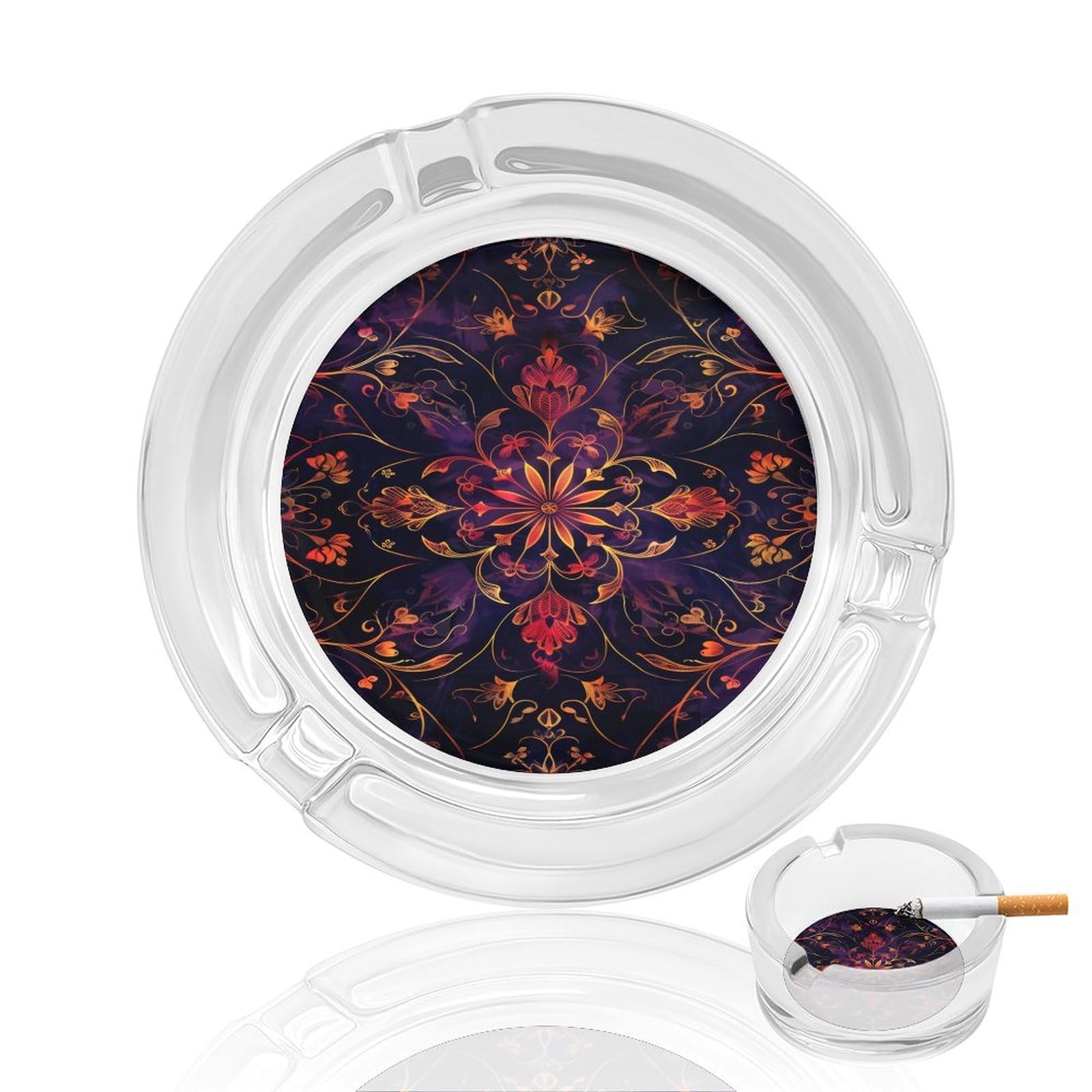 Colorful Mandala Pattern281 Glass Ashtray 3.3 Inch Round Cigarette Ash Holder with 4 Grooves for Home Office Outdoor One Size