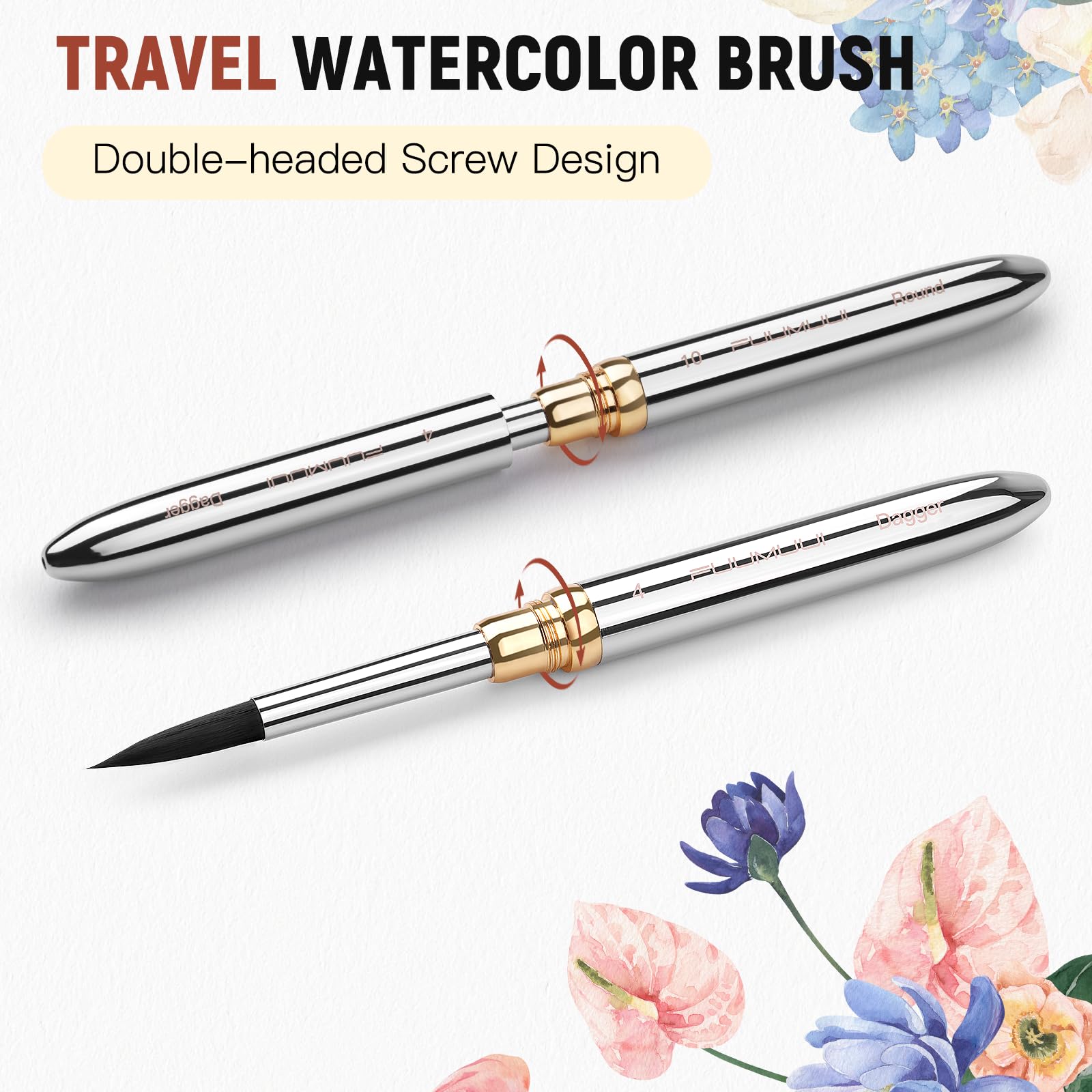 Reise Aquarellpinsel, 3er Premium Reisepinsel mit Doppelspitze, Ledertasche