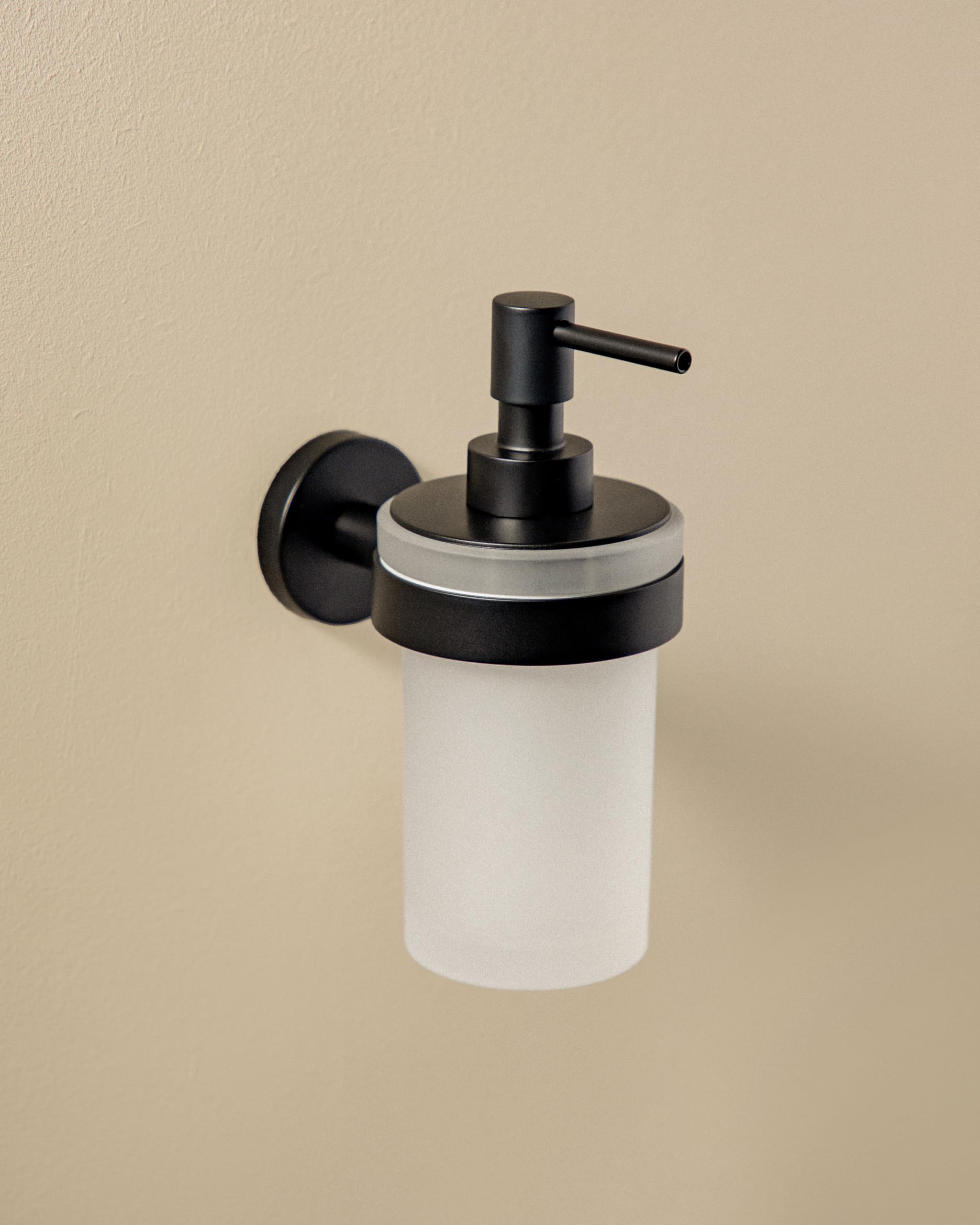 COSMIC Start Dispensador de Jabón de Pared de Diseño Elegante Fabricado en Cristal y Metal. Montaje Mediante Tornillería. Dosificador Recargable para Baño de 200 Ml de Color Negro Mate