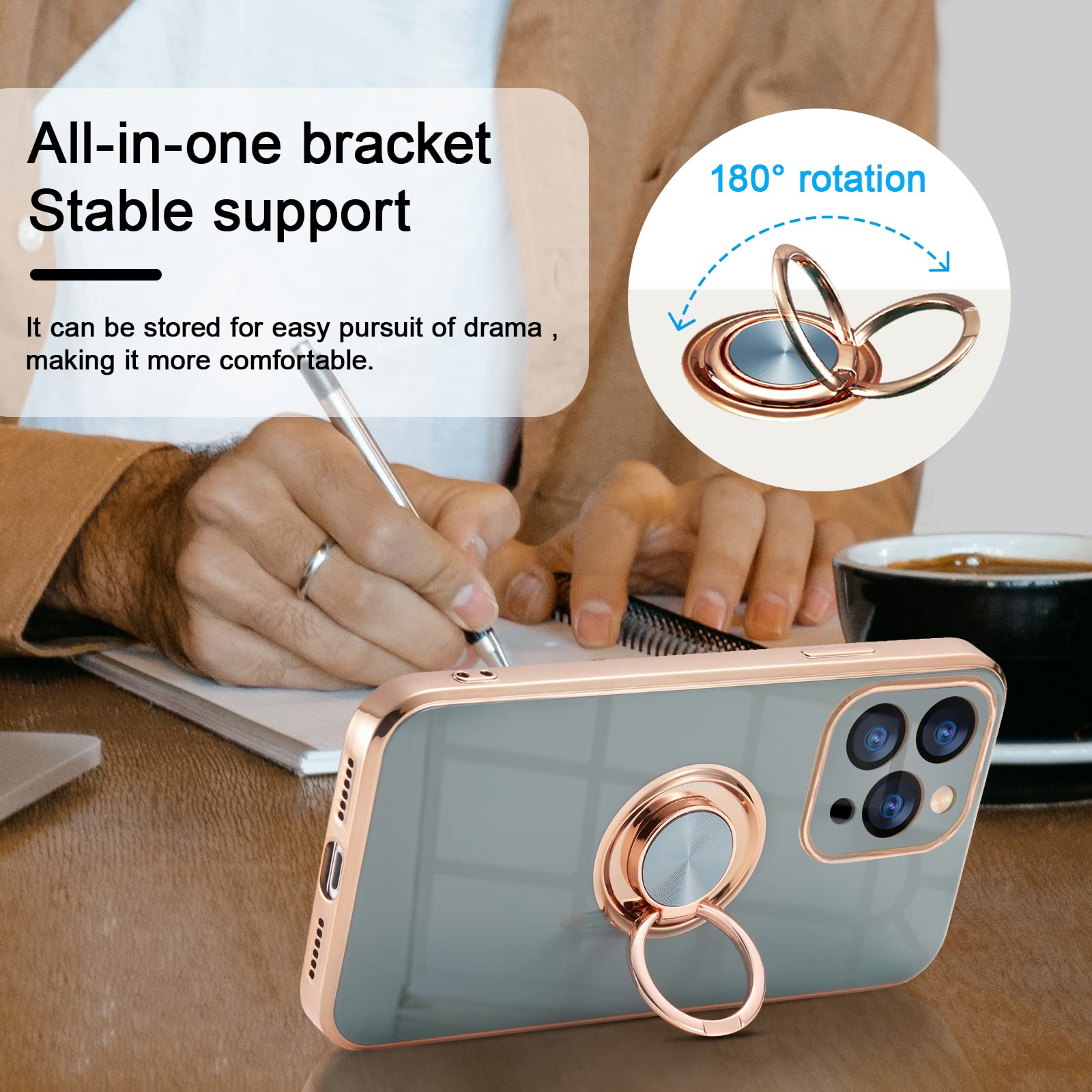 EYZUTAK Electroplated Magnetic Ring Holder Case For IPhone 17 Pro Max, 360 Degree Rotation Metal Anti-fall Finger Ring Kickstand Magnet Car Holder Slim Soft Silicone Shockproof Cover - Dark Green - View #3