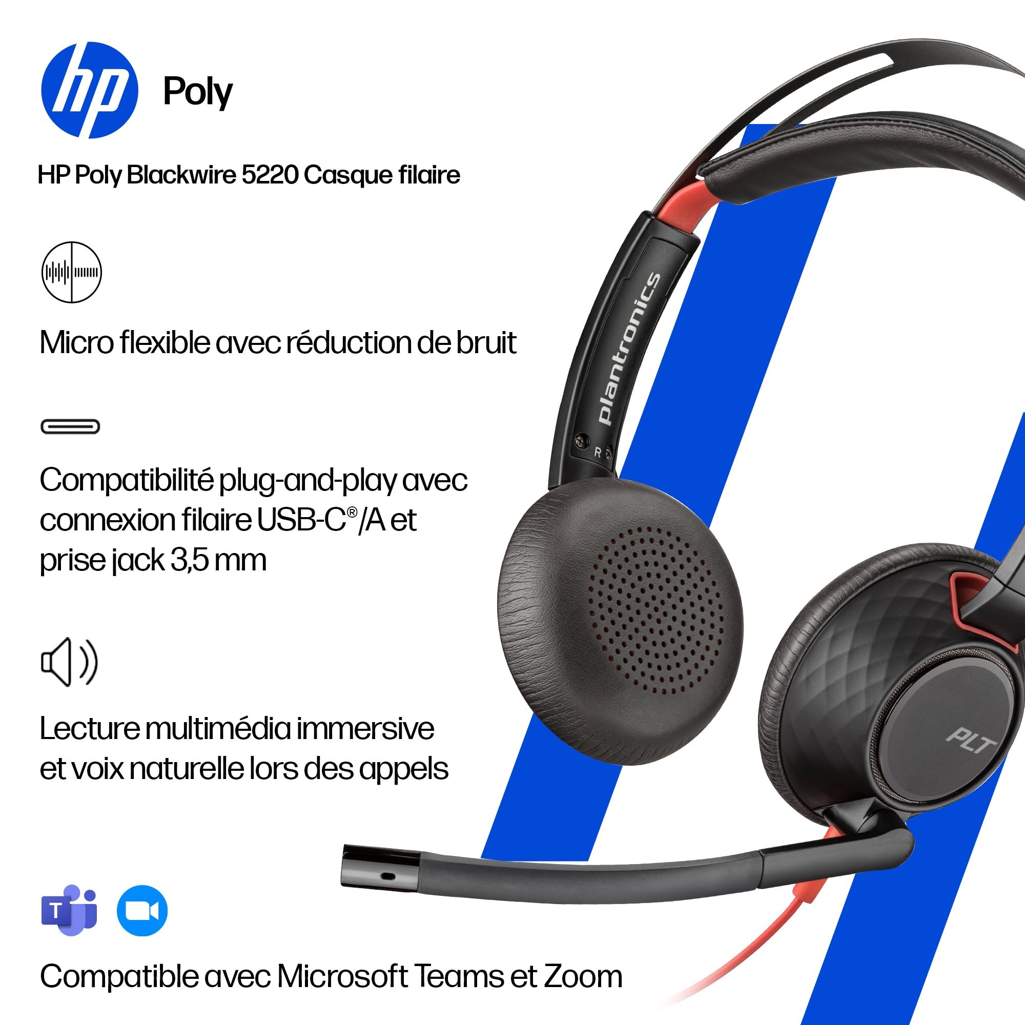 Micro-casque filaire Poly Blackwire 5220 – Perche microphone antibruit flexible – Conception ergonomique – Connexion à un PC/Mac, téléphone portable via USB-C, USB-A ou prise Jack 3,5 mm