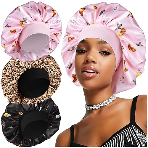 3 gorros grandes y sedosos para dormir, bonito gorro de mariposa para mujer, trenzas de cabello rizado, C