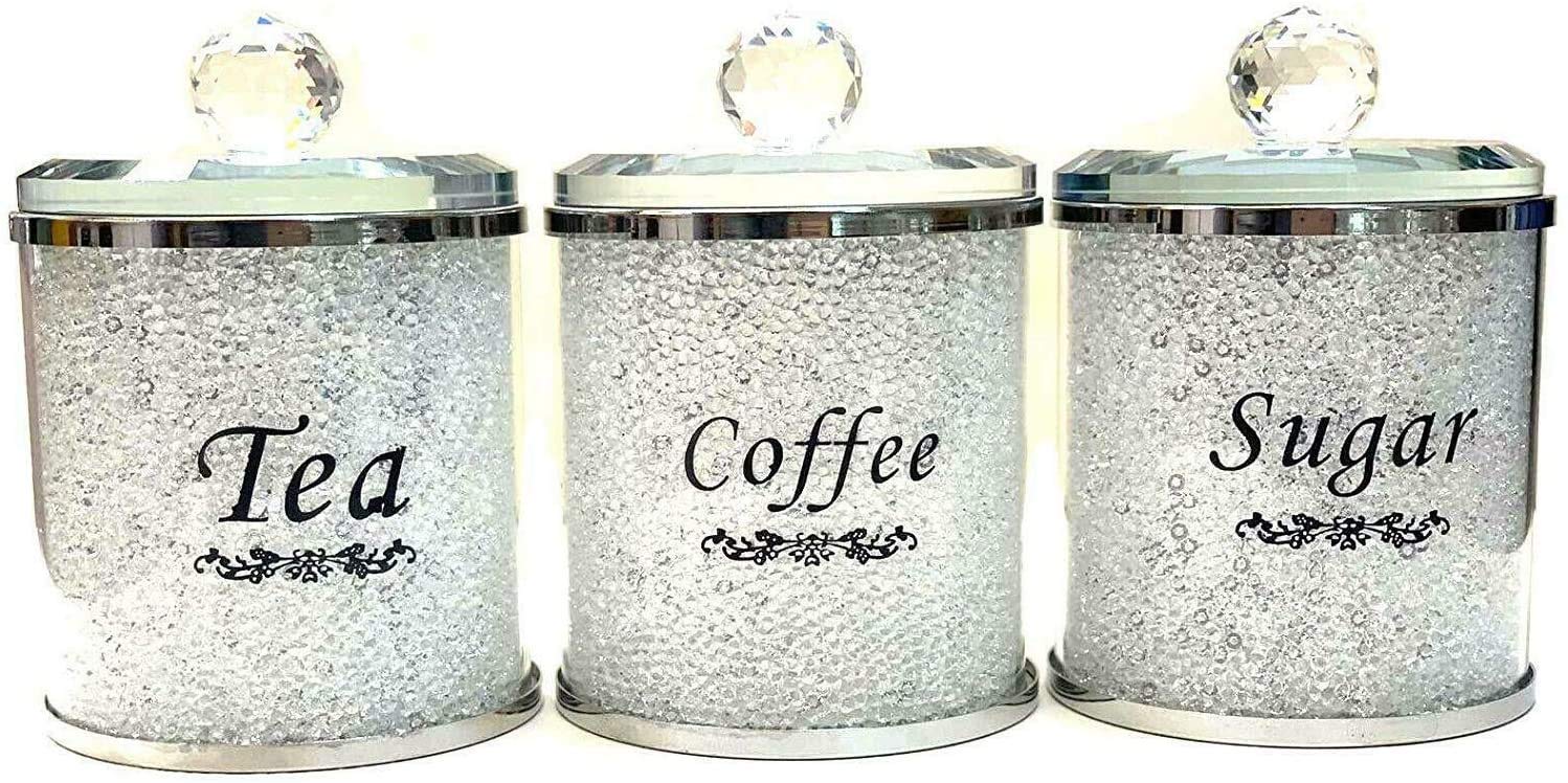 Deenz White Diamond Crushed & Crystal Filled Set Of 3 Kitchen Storage Canisters Tea Coffee Sugar Jars (White)