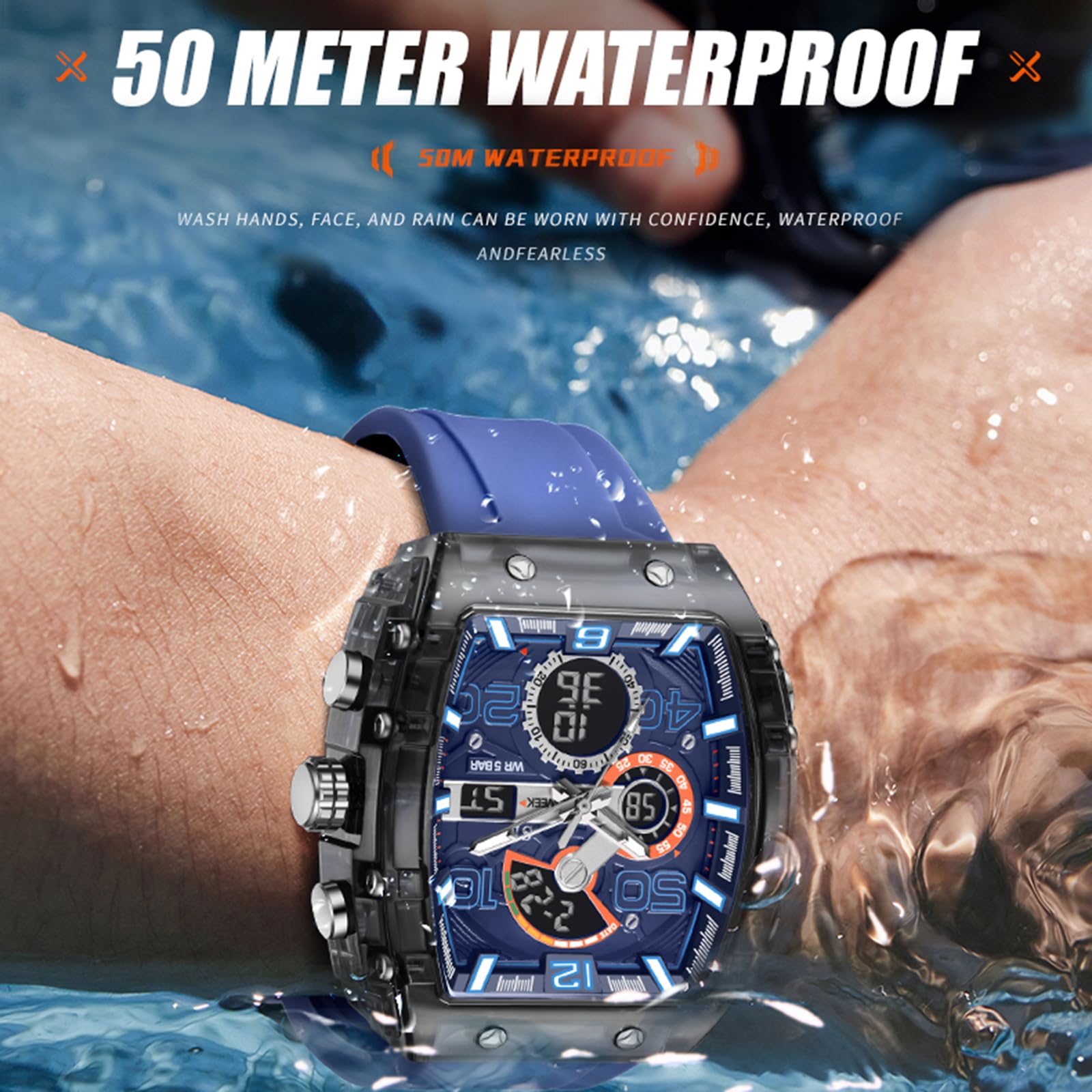 findtime Reloj digital para hombre, rectangular, deportivo, digital, analógico, cronómetro, militar, para niños, para exteriores, 5 ATM, resistente al agua, deportiva