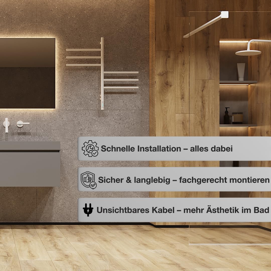 Grzejnik łazienkowy biały 78W 79x40 cm – Elektryczny podgrzewacz do ręczników z 6 ramionami – Timer i Termostat – IP44 – Stylowy design – Stal węglowa