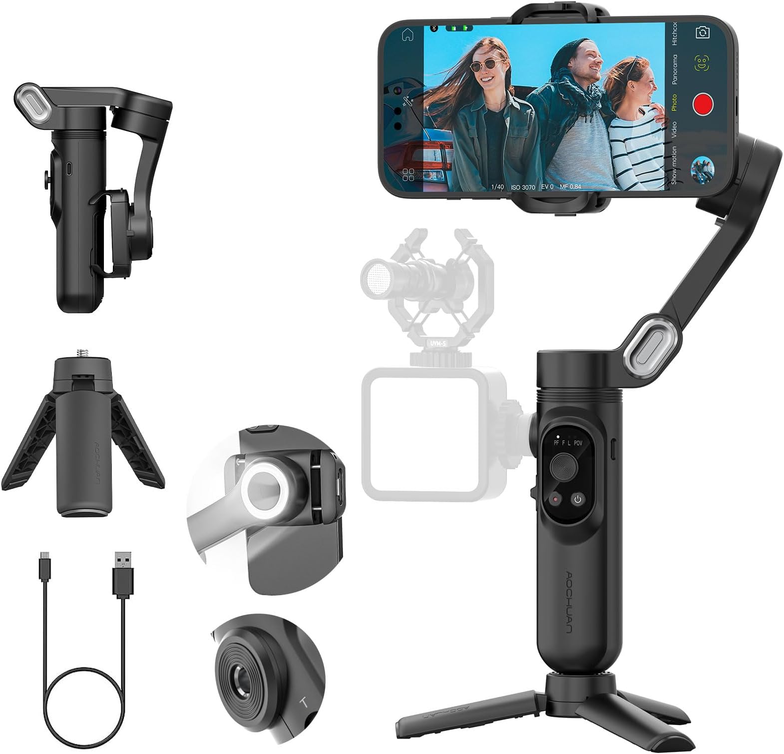 AOCHUAN3-Axis Gimbal Stabilizer for iPhone 15/14/13 Pro Max Android,Foldable Smartphone Gimbal w/Built-in Fill Light,1/4 Thread,Professional Anti-Shake Video Record for TikTok YouTube(Smart X Black)