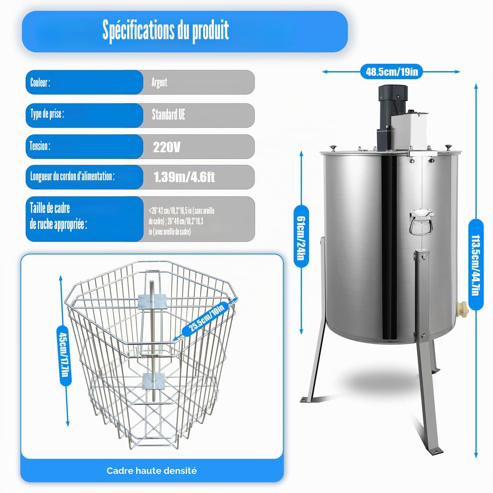 Estrattore di Miele, Elettrico Maturatore Miele, Spingitrice per Miele 140W | Separatore Centrifuga Elettrico, Centrifuga, Apicoltura Materiale, 4 Telai, 0-270rpm, ≤26*42cm Accessorio Per Apicoltore