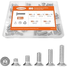 M6 x 8mm 12mm 16mm 20mm 25mm Flat Head Socket Cap Screws Countersunk Bolts, 304 Stainless Steel, Metric Fully Threaded, Allen Socket Drive, Bright Finish, Assortment Kit 50PCS