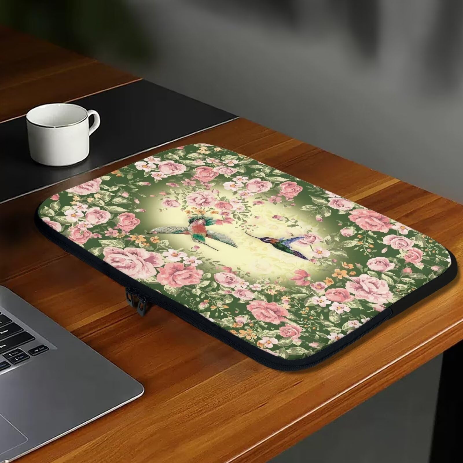 Funda protectora para ordenador portátil de 12 pulgadas con estampado de rosas rosas y colibríes con cremallera