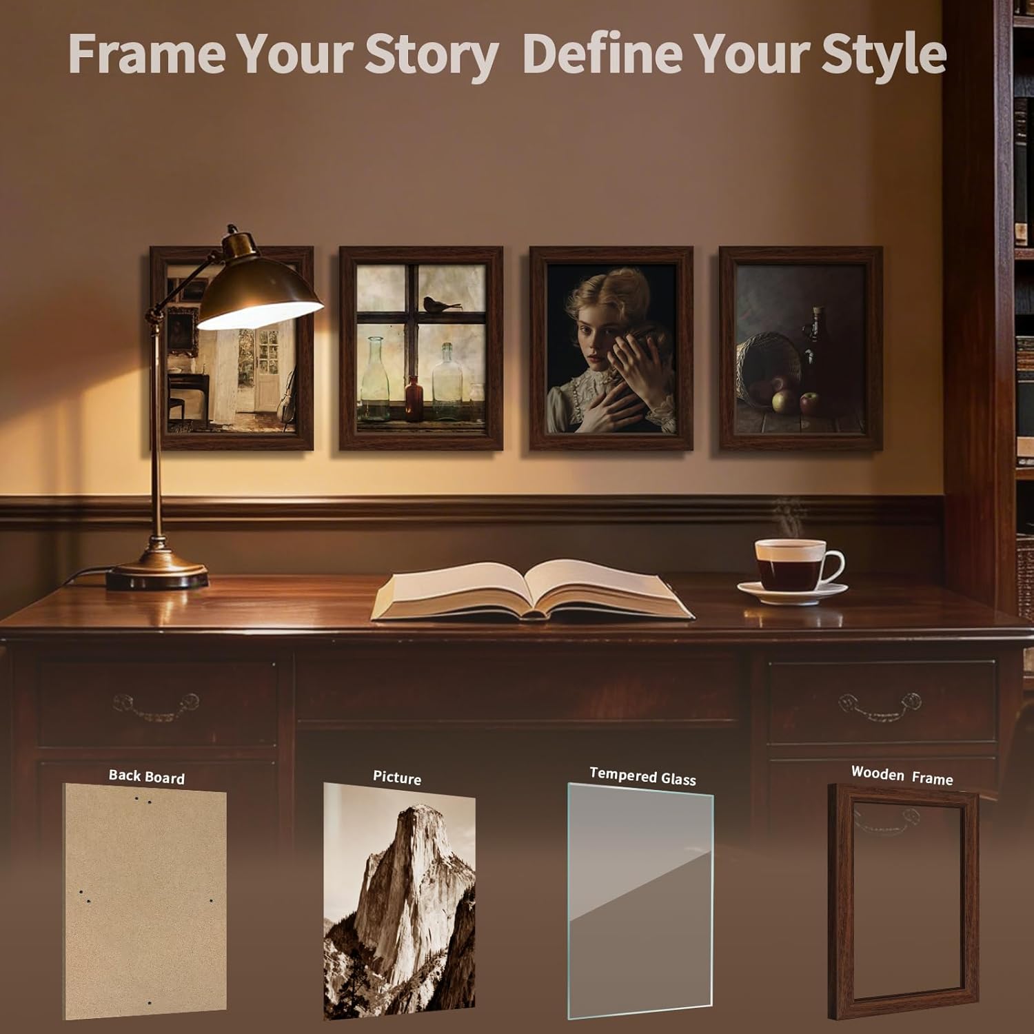 8.5x11 Picture Frame 4 Pack, Brown Wood 11x8.5 Frame, Real Glass, Vertical or Horizontal Tabletop Display for Photos & Art Prints - Brown