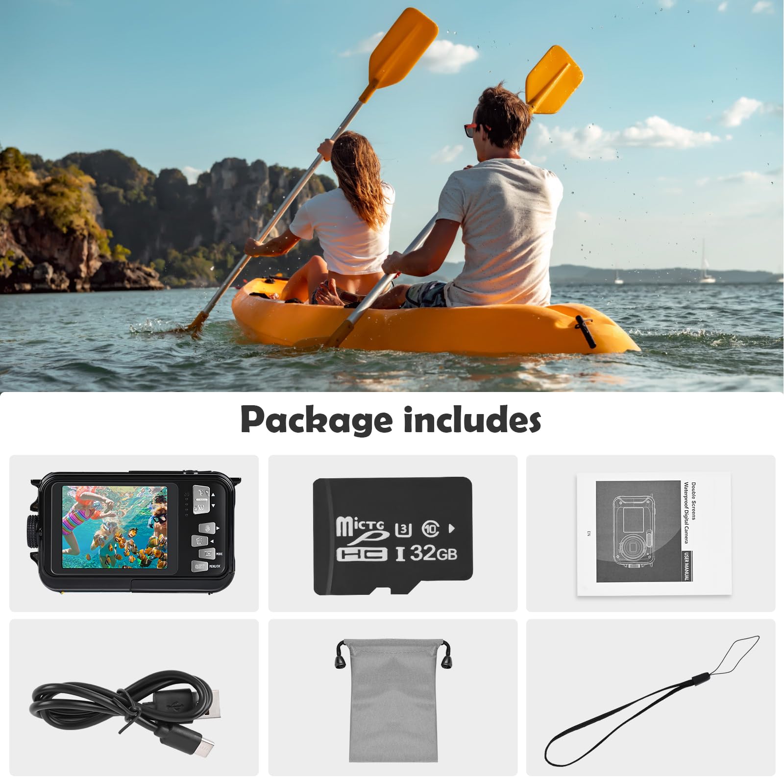 Camara Acuatica, Comius Sharp Camara Acuatica Sumergible Niños 10FT 30MP Foto FHD Video 16X Digital Zoom con Tarjeta Memoria 32 G y Selfie Doble Pantalla para Selfie Bajo el Agua, Buceo, Natación