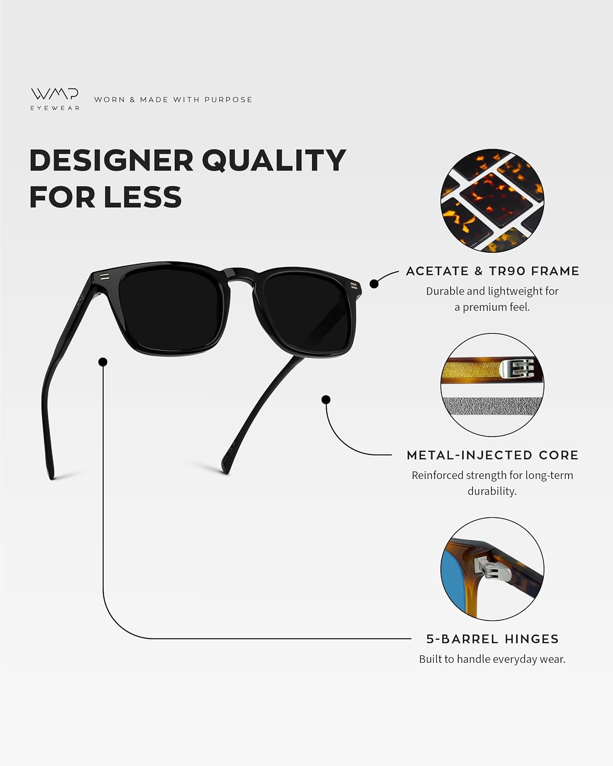 WearMe Pro – Men’s Polarized Rectangular Sunglasses: Bold Browline, Keyhole Bridge, Metal Rivets, Modern Retro Style