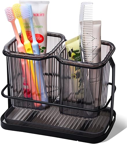 KONE Soportes verdes para cepillos de dientes para baños, 2 tazas para cepillos de dientes montados en la pared, separación seca y húmeda,