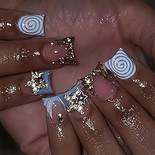 Blue French Tip Press on Nails Short Duck Fake Nails with Whirlpool Designs 3D Gold Rhinestones French Glue on Nails Reusable Glossy Silver Charms Stick on Nails for Women 24Pcs