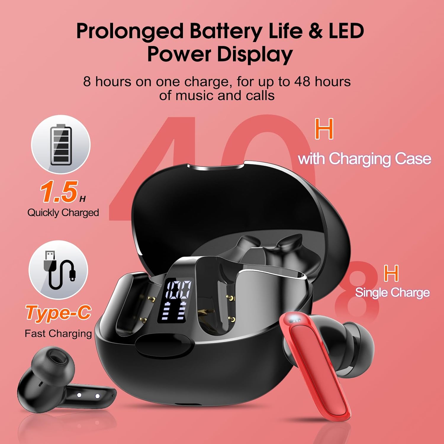 Image showing a person making a call with the SKIUDCT EV68 earbud, with a graphic indicating 95.8% less noise for crystal-clear calls.