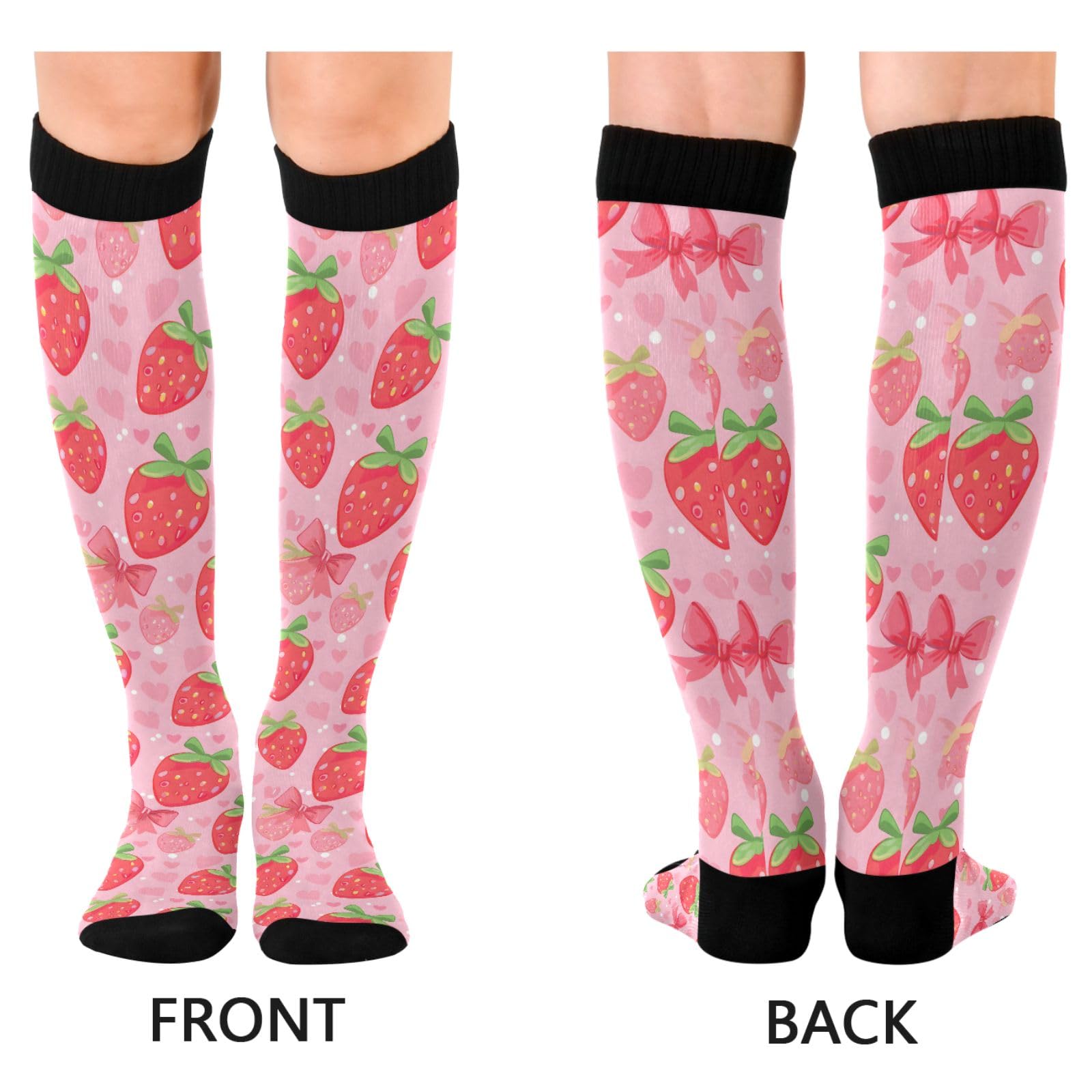 ALAZA Athletic Compression Socks Knee High Socks Stockings for Women Strawberry Bows Running Circulation Sport Football