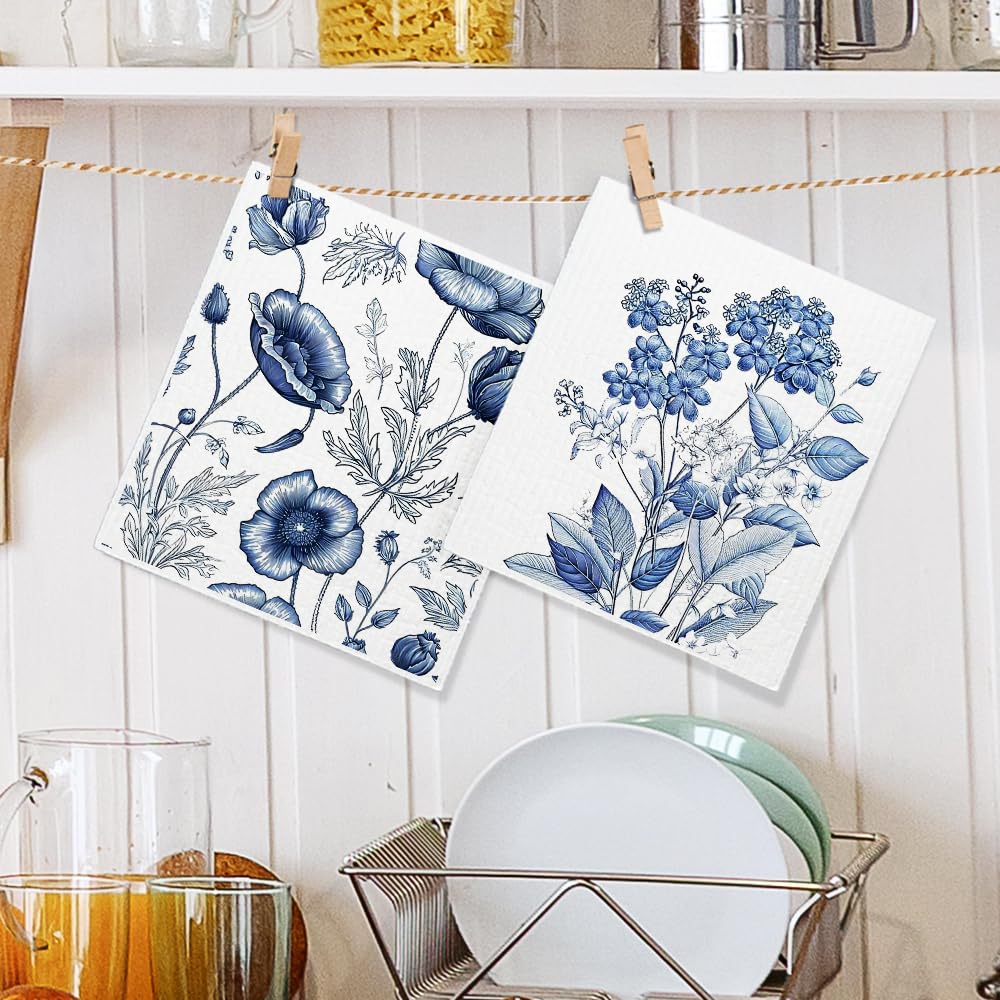 Vintage Blue Floral Swedish Dishcloths 2 Pack, Reusable Cellulose Sponge Cloths for Kitchen Cleaning, Chinoiserie Blue Flower Cute Printed Dish Rags for Kitchen Washing Dishes and Counters