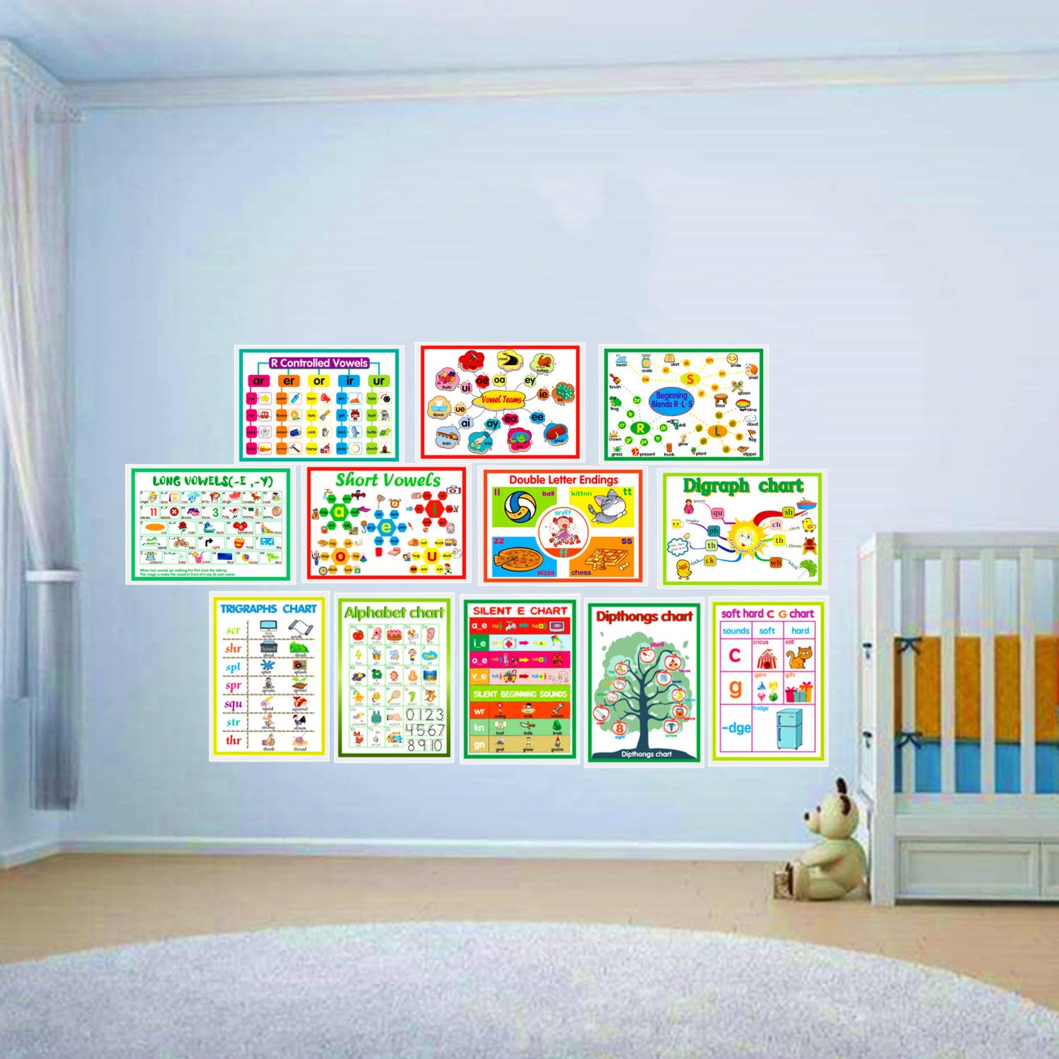 12 English Phonics Language Arts Skills Charts for Toddlers| Learning Vowels Anchor Posters, Sight Words Poster Alphabet Bulletin Board for Home,Kindergarten,Primary School,Classroom Decor(8.2x 12'') - Image 6