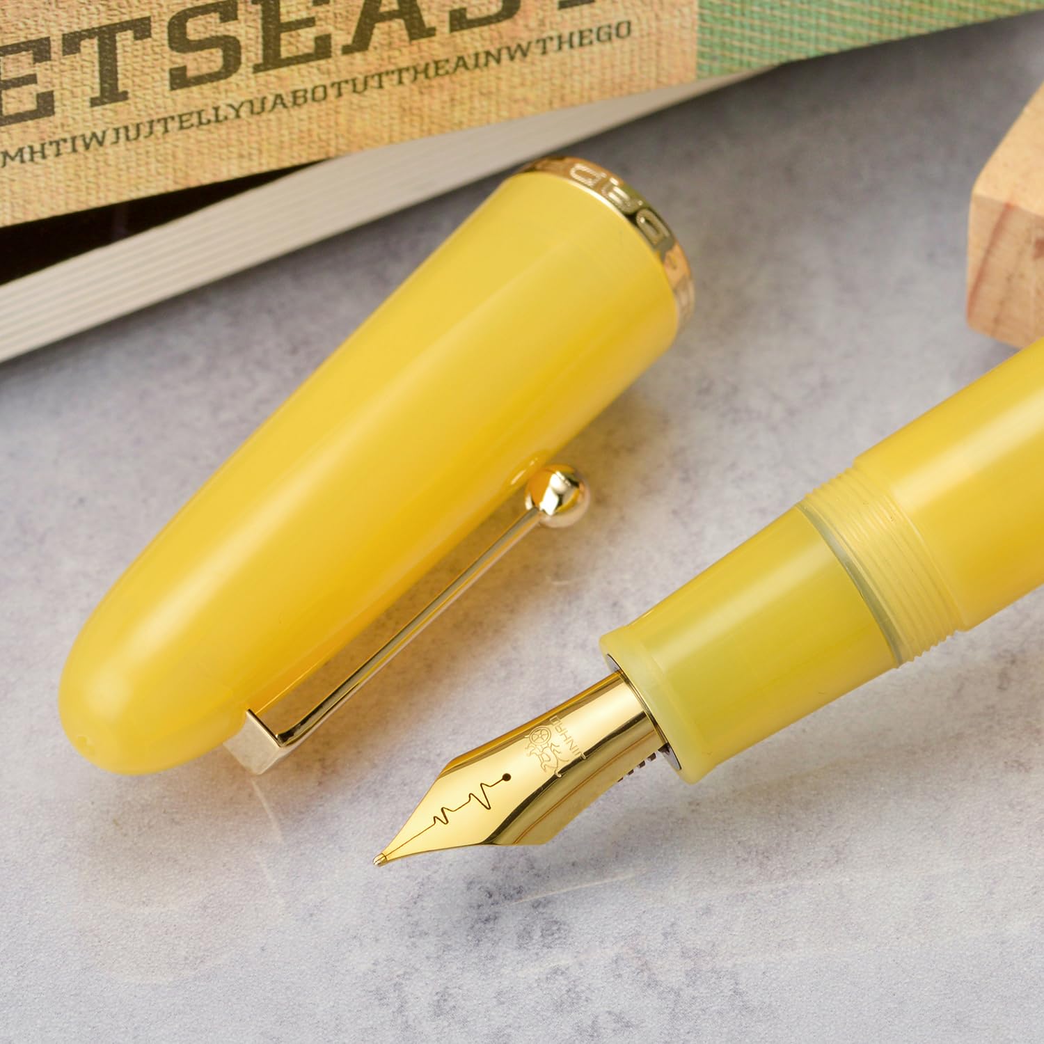 Jinhao 9019 Fountain Pen, Dadao Series #8 Heartbeat Medium Nib, Yellow Jade Acrylic Barrel with Golden Clip Big Size Writing Pen - Image 4