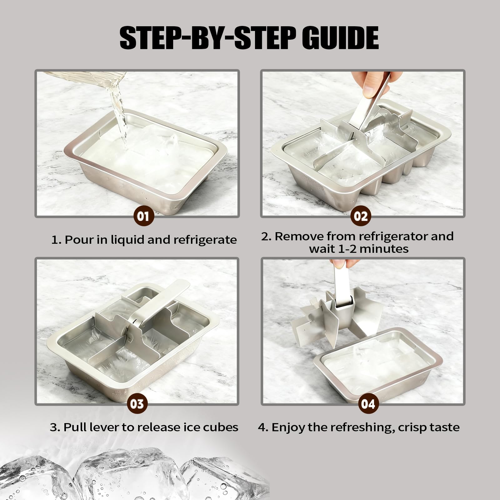 Bandejas de cubitos de hielo de acero inoxidable con palanca, 6 moldes grandes para whisky y cócteles, bandeja profesional de metal resistente para congelador, no tóxica y fácil liberación