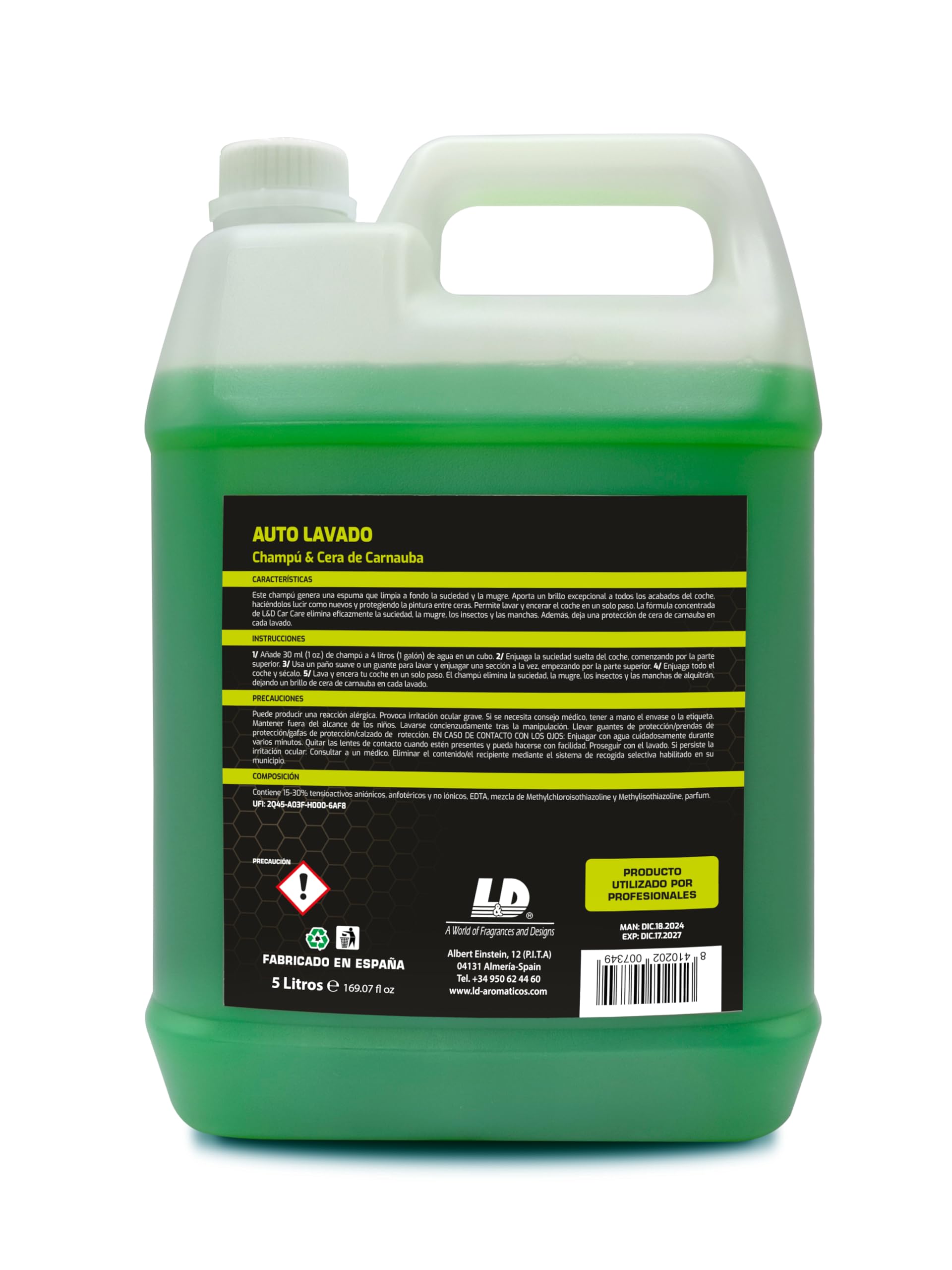 Car Care Auto Lavado - Champú con cera de Carnauba para coche. Garrafa 5L + un ambientador