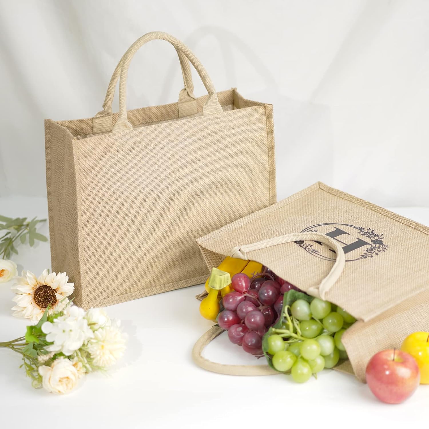 ULENDIS 12 Pack Burlap Jute Tote Bag with Handles, Large Reusable Grocery Beach Bag with 26 Iron on Letters transfers, Laminated Interior Blank DIY Crafts Bags for Bridesmaid Gift Travel Shopping - Image 3