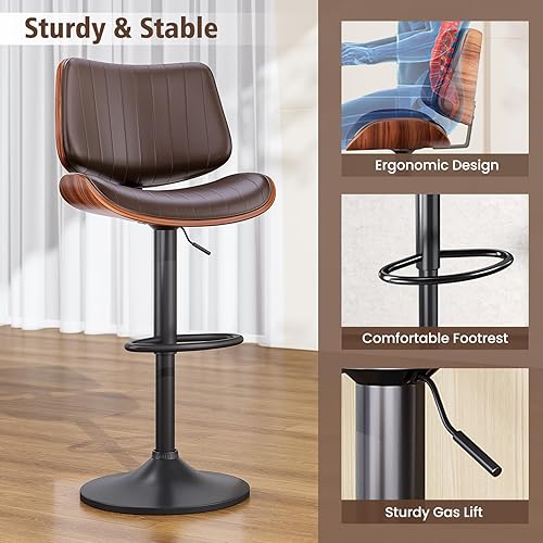 Miniatura 4 de Juego de 2 Taburetes de Bar, Taburetes de Bar para Isla de Cocina con Respaldo de Madera Curvada y Asiento de Cuero, Taburetes Giratorios para Marrón