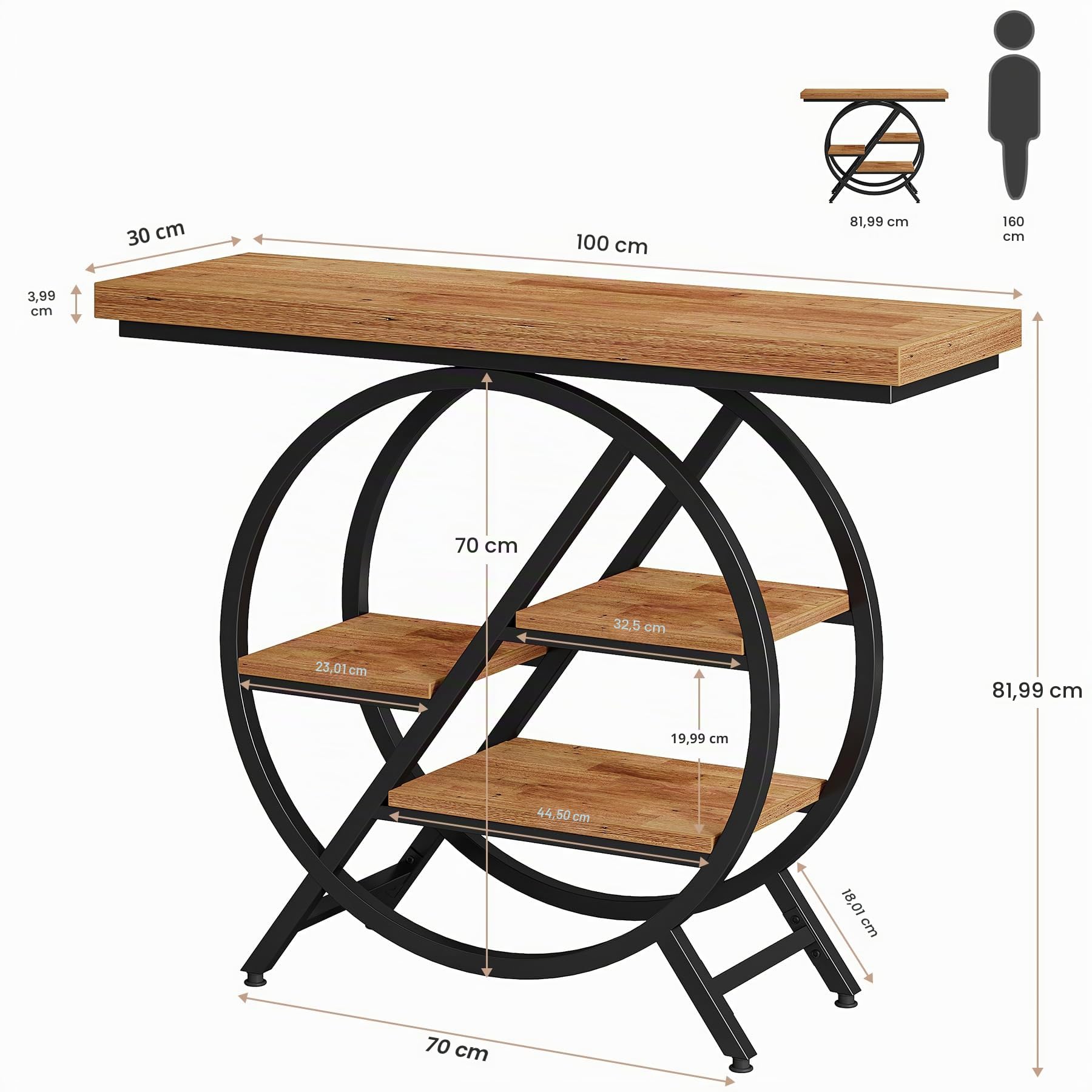 Tribesigns Tavolo consolle, tavolo da ingresso da 90 cm con piano ispessito, divano industriale stretto a 4 livelli con struttura geometrica in metallo per soggiorno, ingresso, marrone chiaro