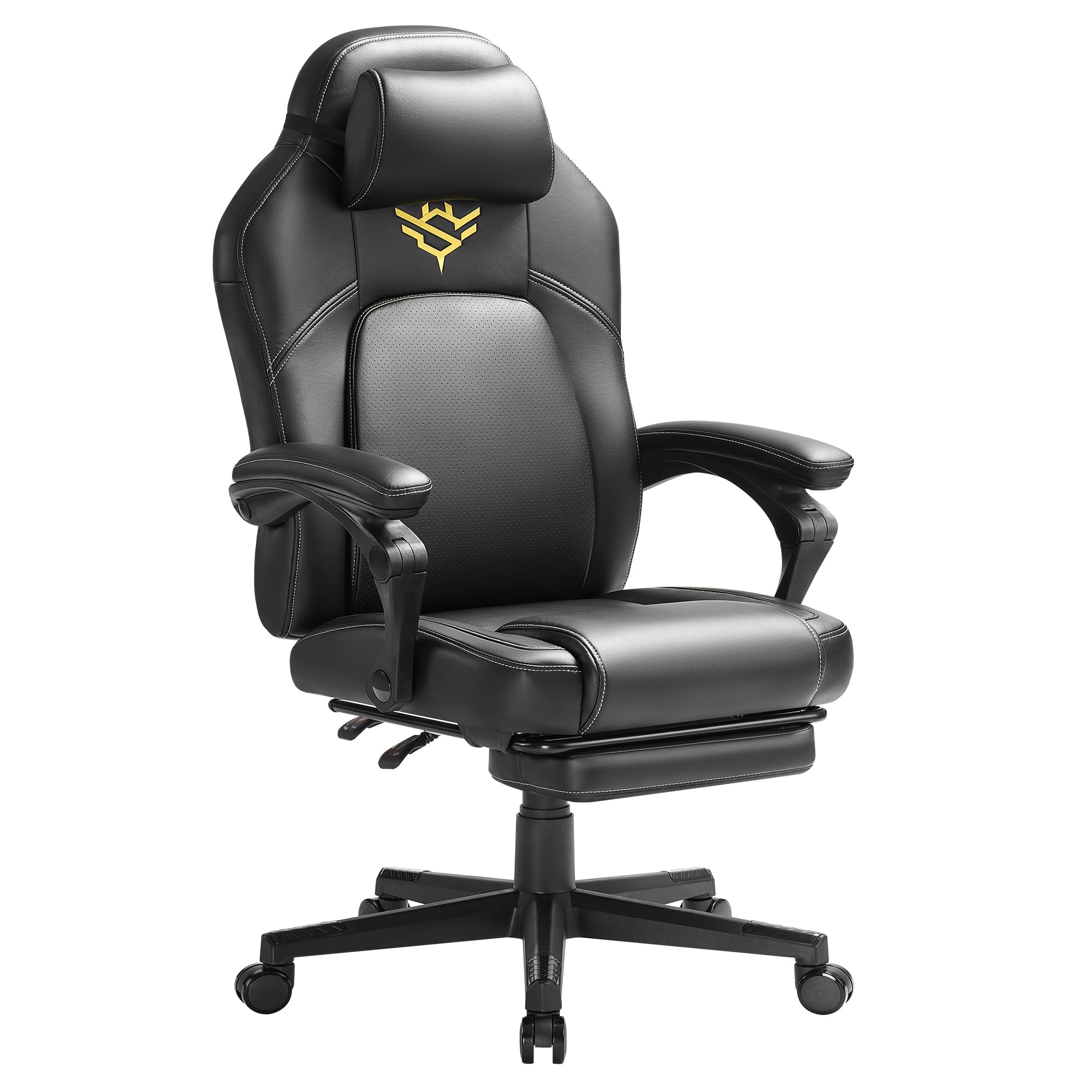 SONGMICS HOME Silla de Juegos, Silla Racing Ergonómica para Ordenador con Reposapiés, con Reposacabezas, Cuero Sintético, Altura Ajustable, Negro Tinta OBG072B01