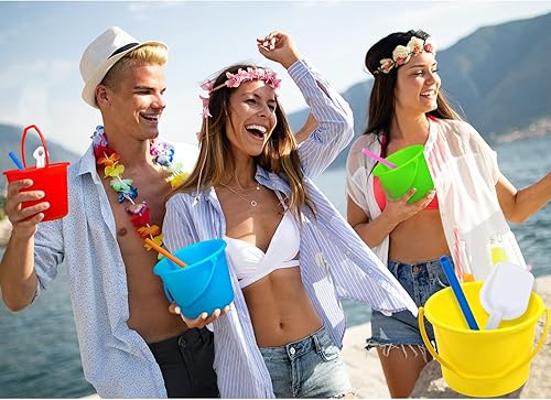 Miniatura 6 de Juego de cubos de arena y palas de playa para niños, cubo de plástico con 100 pajitas de plástico para verano, vacaciones, fiesta, playa, fiesta de