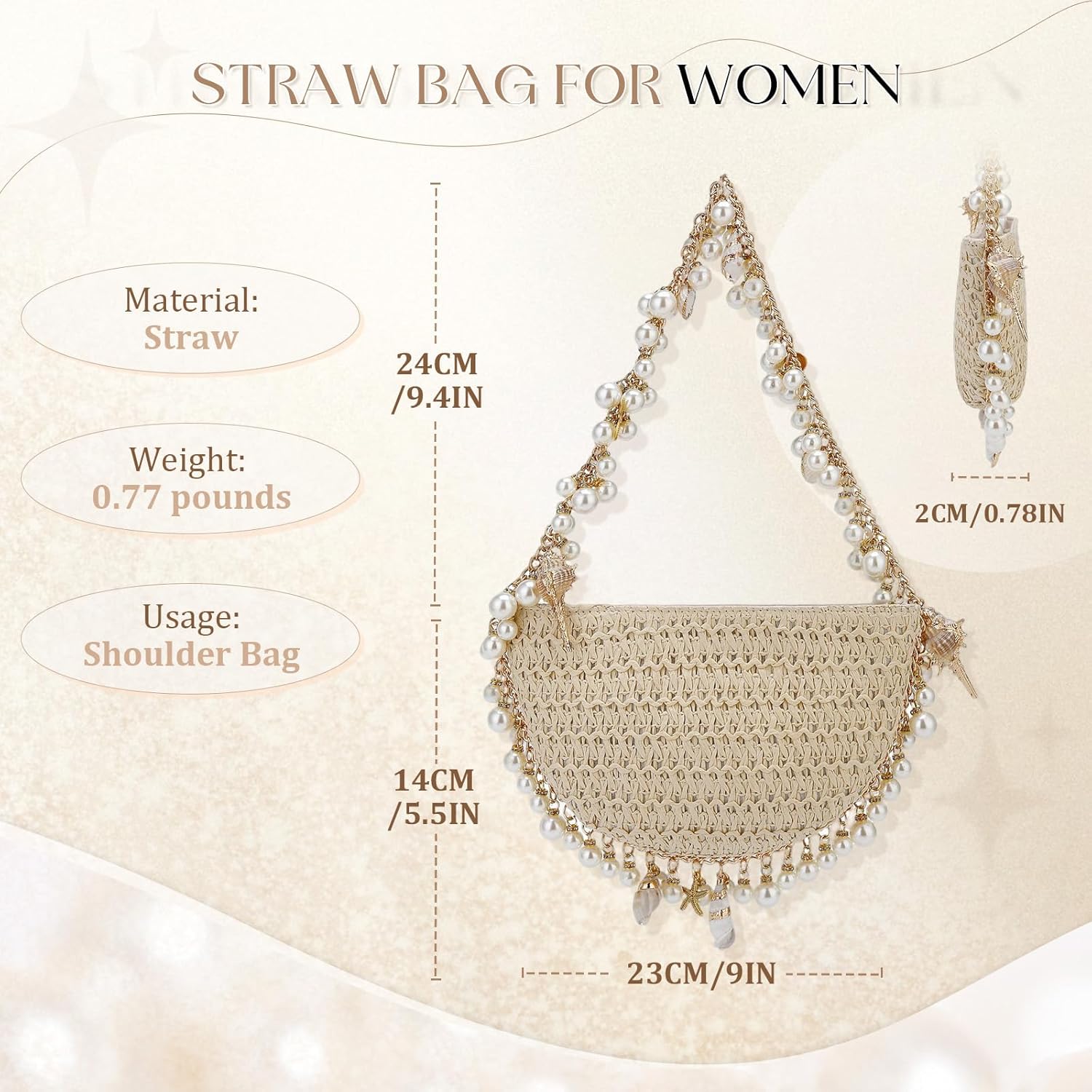 Gets Women Pearl Straw Clutch Purse Woven Summer Beach Evening Bag Wedding Party Straw Shoulder Handbag