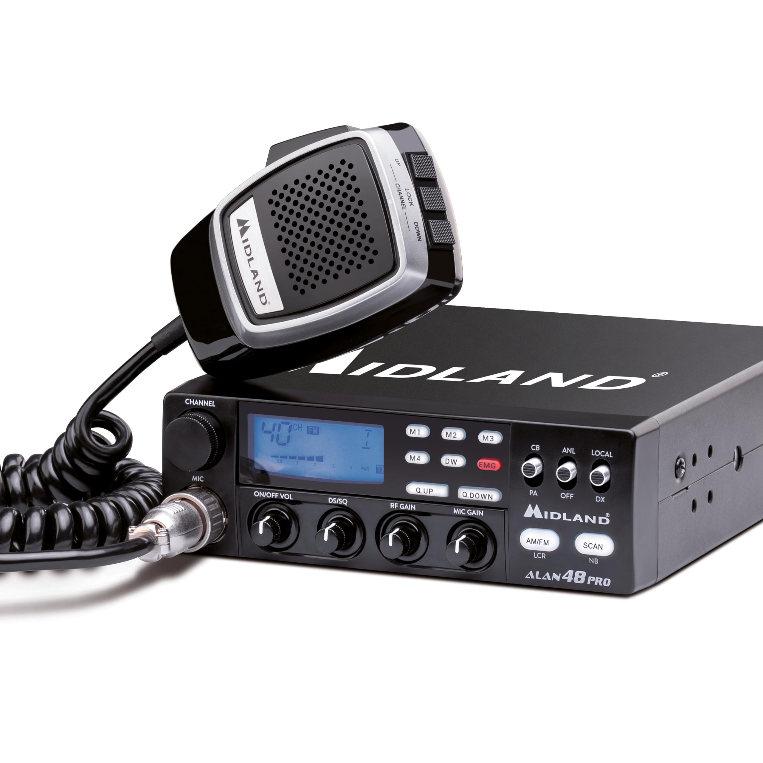 Midland - Radio CB Alan 48 Pro, Radio Récepteur Émetteur Véhicule Multibande sans Licence, Puissance Réglable 1W/4W, Écran LCD, Scan, Dual Watch, RF Gain, Filtres ANL et Noise Blanker, Micro 6 Pin
