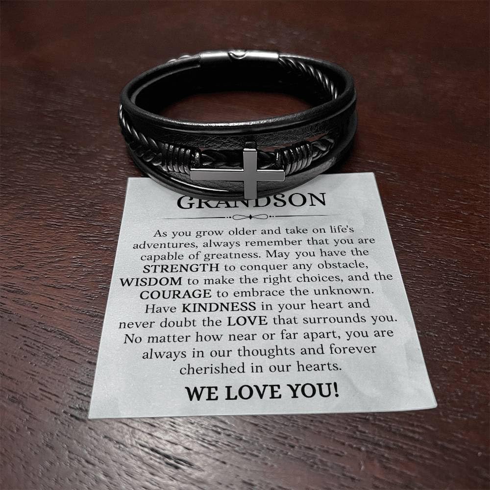 VIRAGIL Inspirational Leather Bracelet for Grandson, Adjustable Multi-Layer Braided Wristband, Christmas Birthday Valentine Gift from Grandma or Grandpa, Encouraging Keepsake for Teen Boys