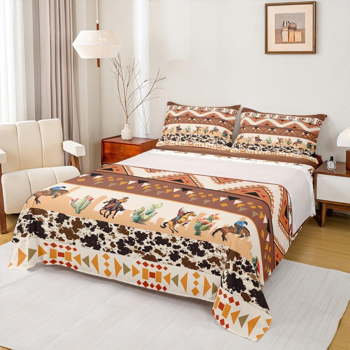 ウェスタンカウボーイベッドシーツセットツインサイズ、キッズ牛革スキン素朴な木製ボードシートセットルーム装飾、ボヘミアントライバルアス