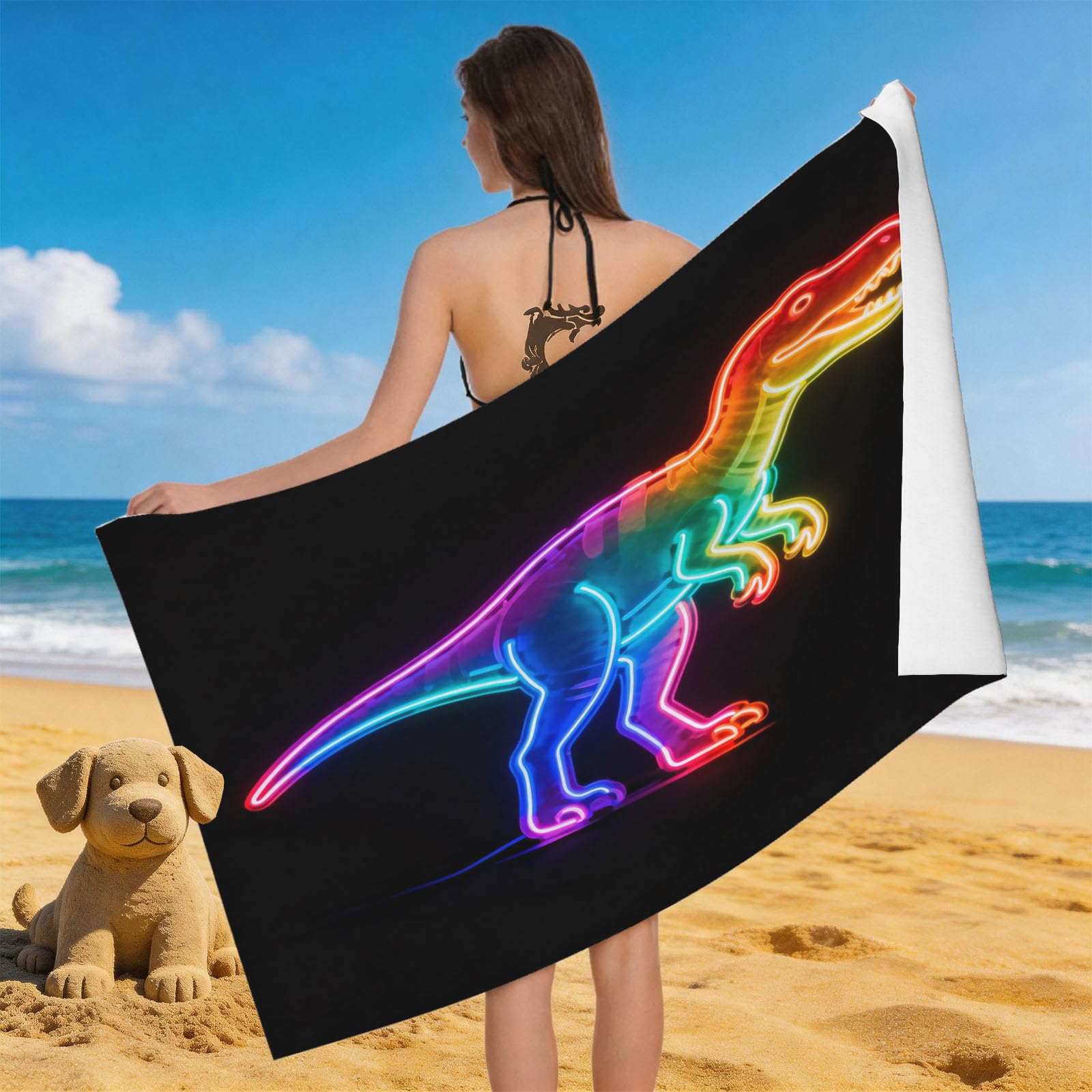 Leichong 3D Neon Dinosaur Beach Towel Microfiber Soft Quick Dry for Adults, Chic Bath Towel Lightweight Soft Absorbent for Travel Swimming Pool Sports, 75 x 150 cm