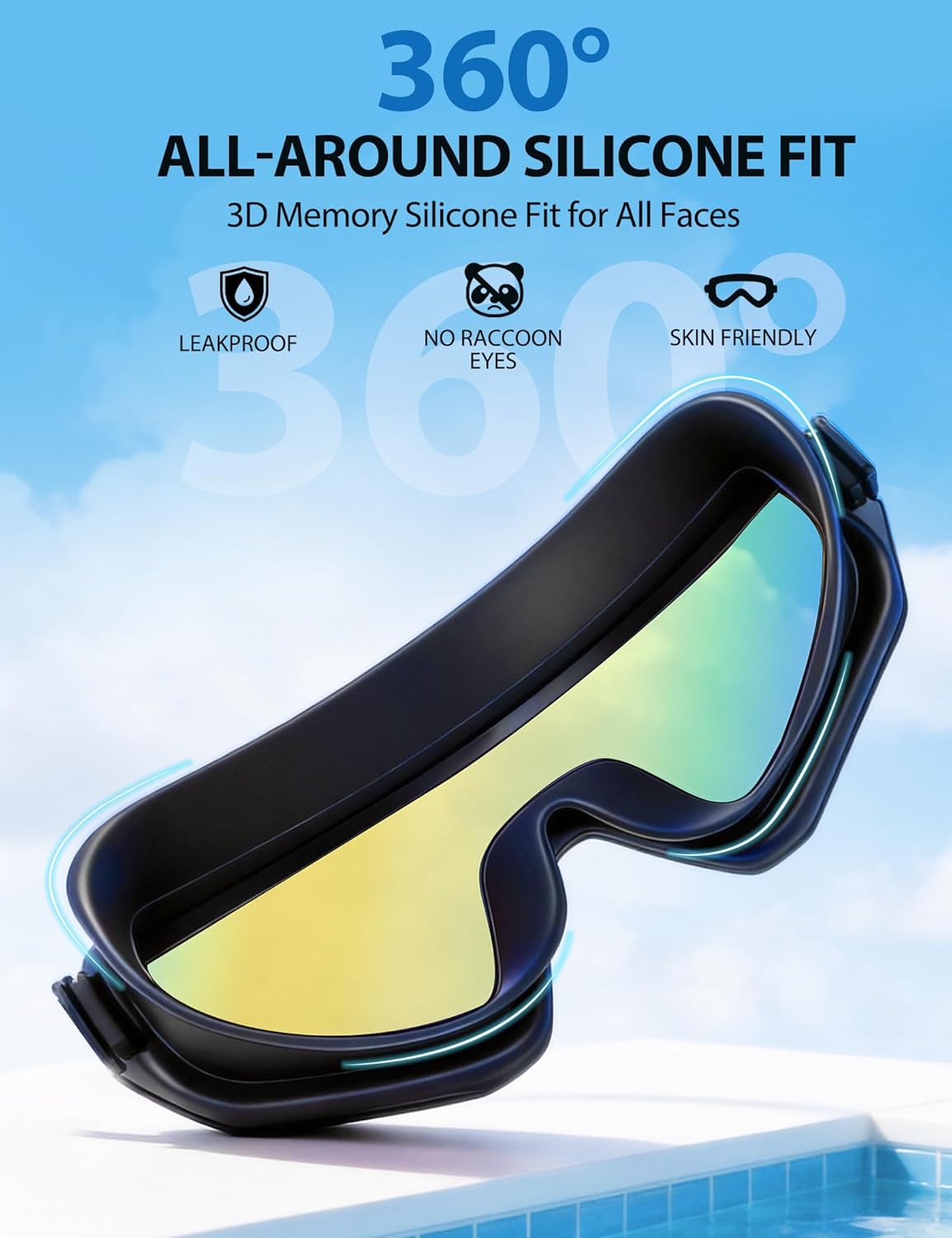 2 Pack Swim Goggles Adult, Frameless Wide View Anti-Fog UV No Leak Swimming Goggles with Attached Earplugs Men Women