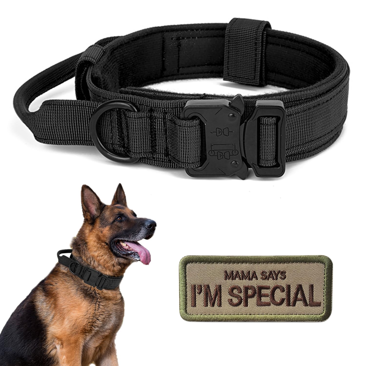 Tactical Dog Collar with Handle - Military Adjustable Dog Training Collar Soft Nylon and Heavy Duty Metal Buckle for Medium Large Dogs - with Patch (