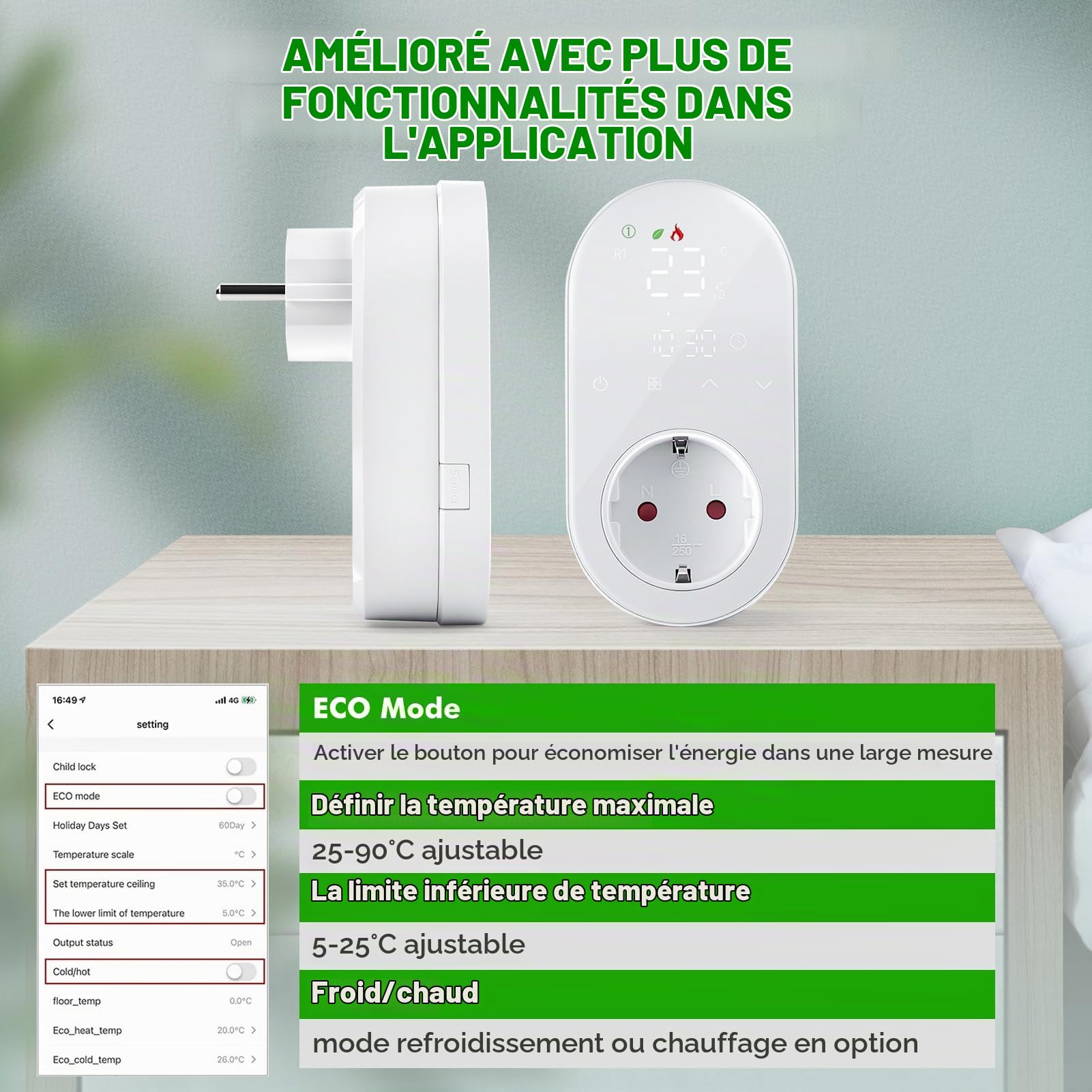 Thermostat de Prise Wi-FI, 220V 16A programmable avec Modes Chauffage et Refroidissement Affichage numérique LED Compatible avec Smart Life/Alexa/Google Assistant