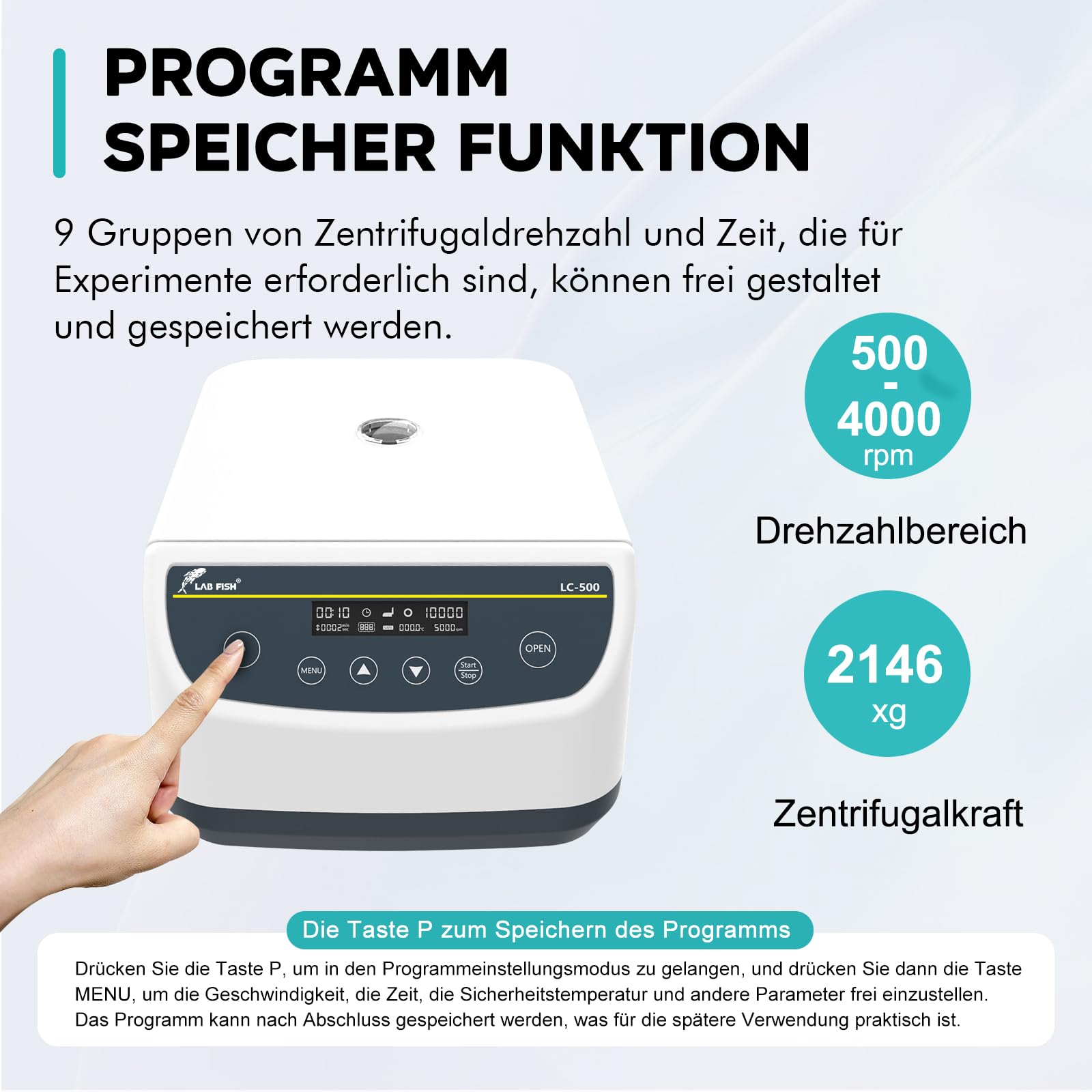 LAB FISH Labor Zentrifuge, Niedrige Drehzahl 500-4000 U/min, Max. 2146 xg, 9 Programmspeicher, Timer, für 2/5/10/15/50ml Röhrchen (6-fach Winkelrotor)