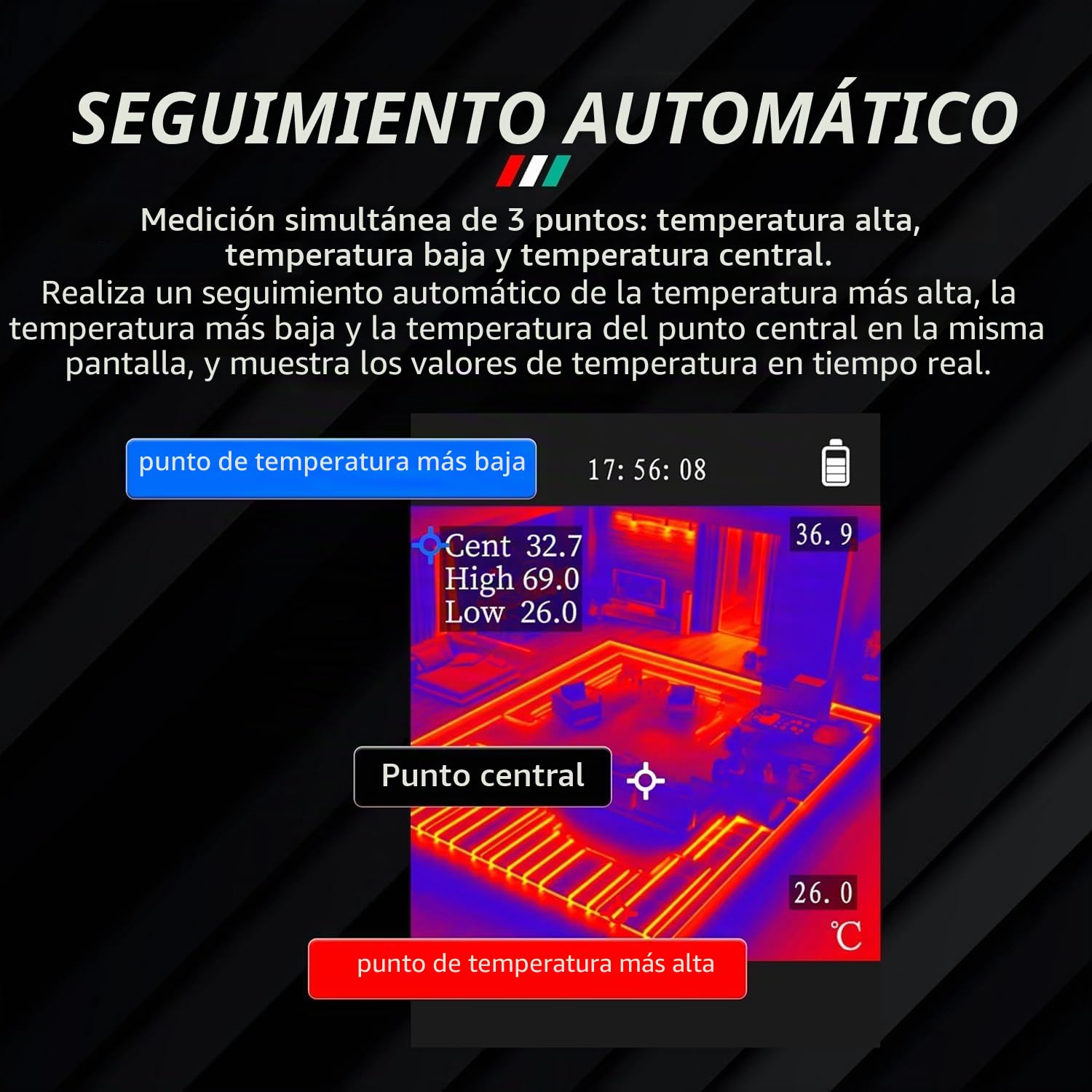 Cámara termográfica, cámara termográfica infrarroja -20℃~550℃, resolución IR 96 x 96, 25 Hz, campo de visión 50°, TFT-LCD de 2,4 pulgadas, batería de 8 horas para inspecciones industriales
